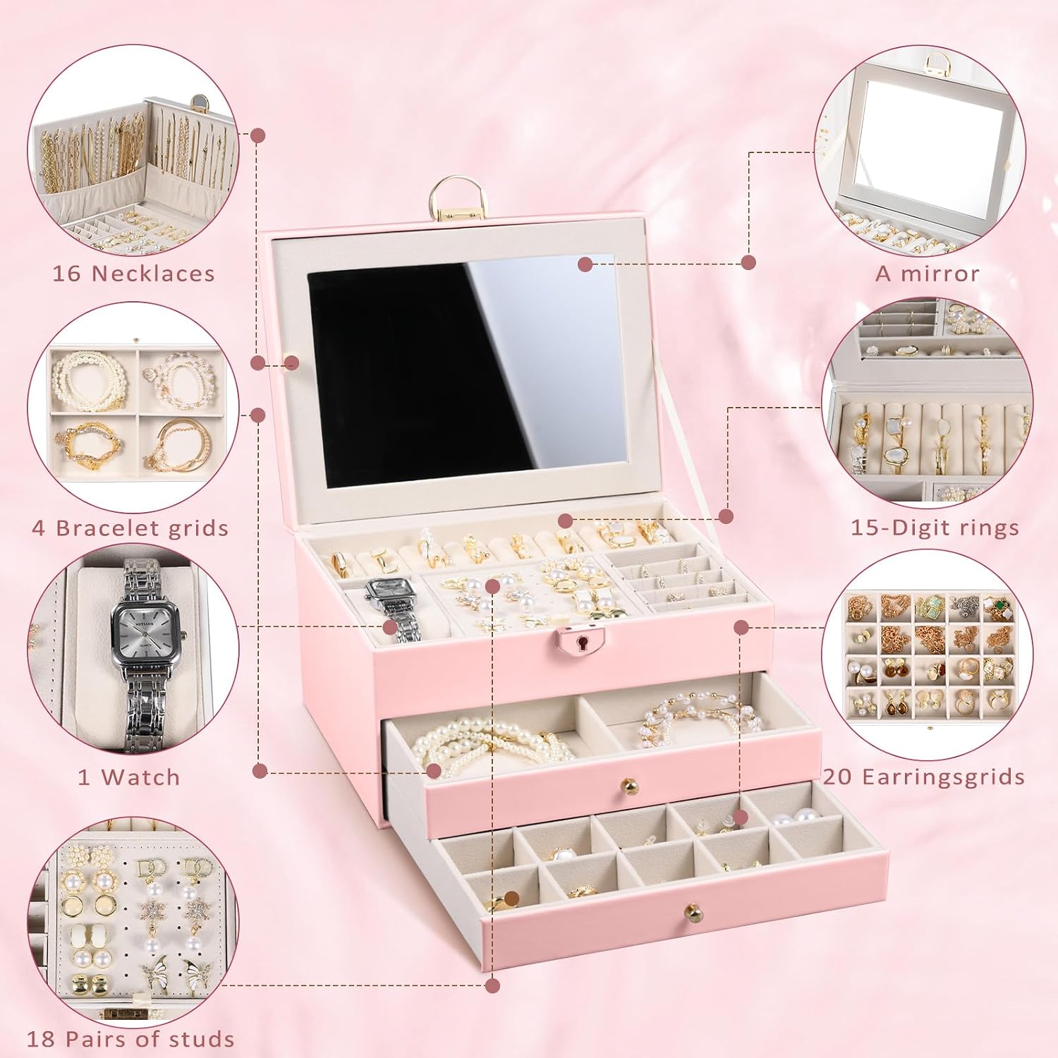 3 Layer Jewelry Box – Large Jewelry Organizer Case with 2 Drawers, Hidden Necklace Storage, Built-in Mirror, Lockable PU Leather Jewelry Holder, Removable Dividers – Gift for Women (Pink)