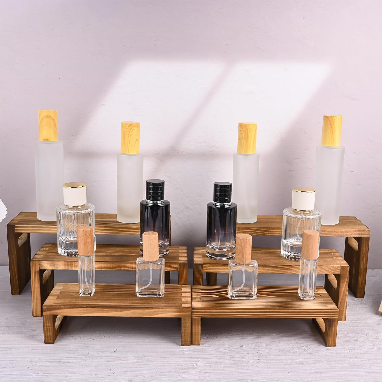 6 Pcs Wood Risers Display Stands – 2 Sets of 3-Tier Rectangular Wooden Risers for Table Display, Solid Wood Cupcake Stands for Desserts, Perfume, Jewelry, Collections & Party Decor