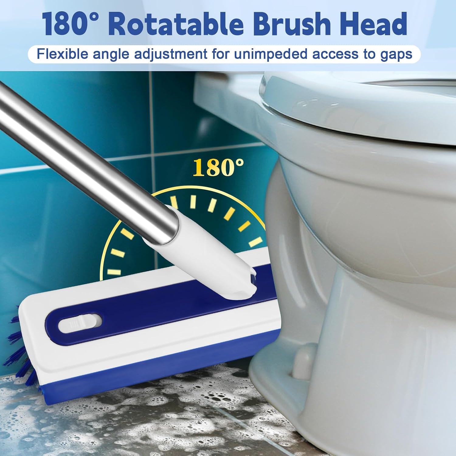 4-in-1 Floor Scrub Brush with Long Handle – V-Shaped Crevice Brush, Floor Scrubber Mop with Squeegee & Tweezer, Multi-Surface Cleaning Tool for Tile, Grout, Bathroom, Kitchen, Patio, Garage