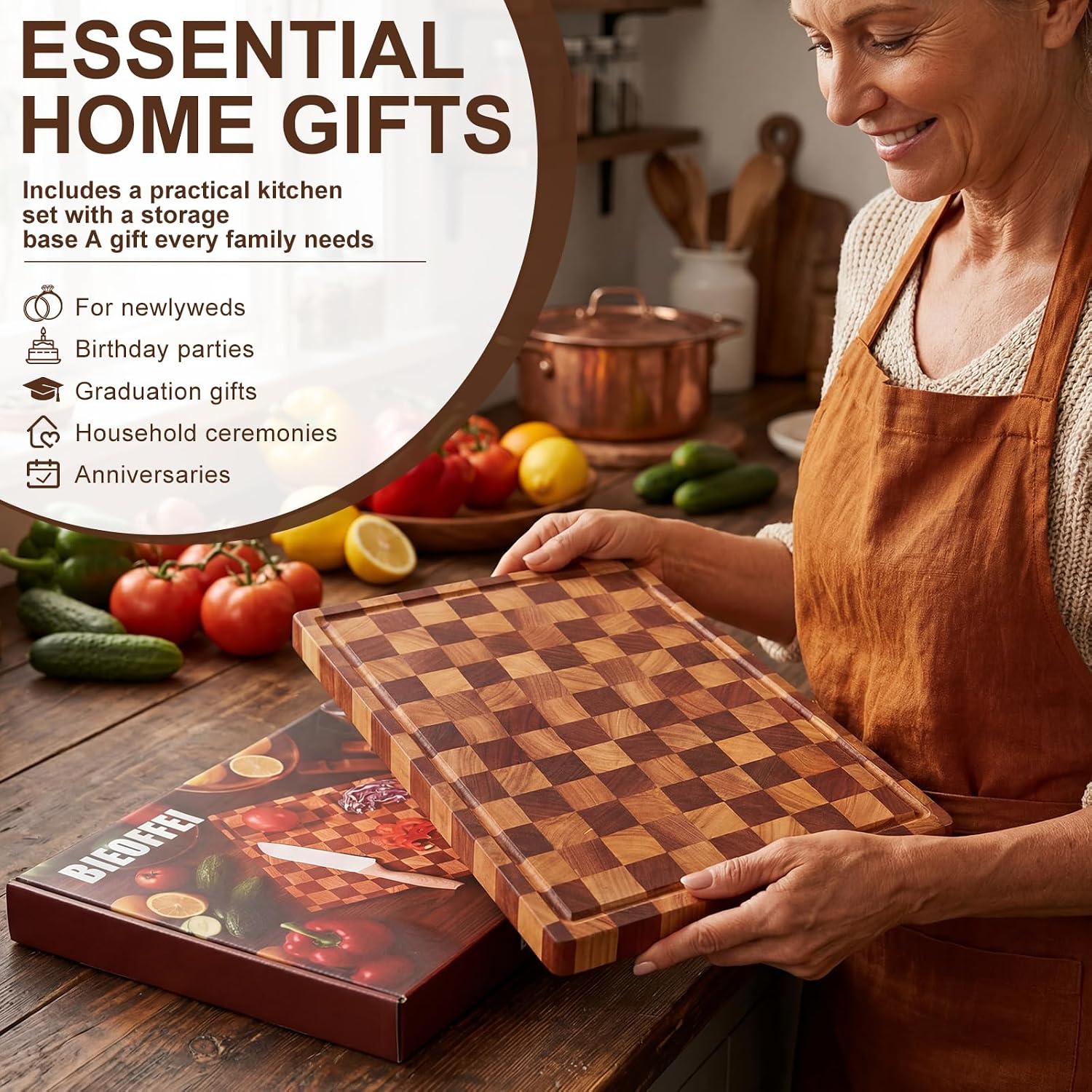 PLLDLC® Checkered Cutting Board with Stand – Dual-Sided Wood Board