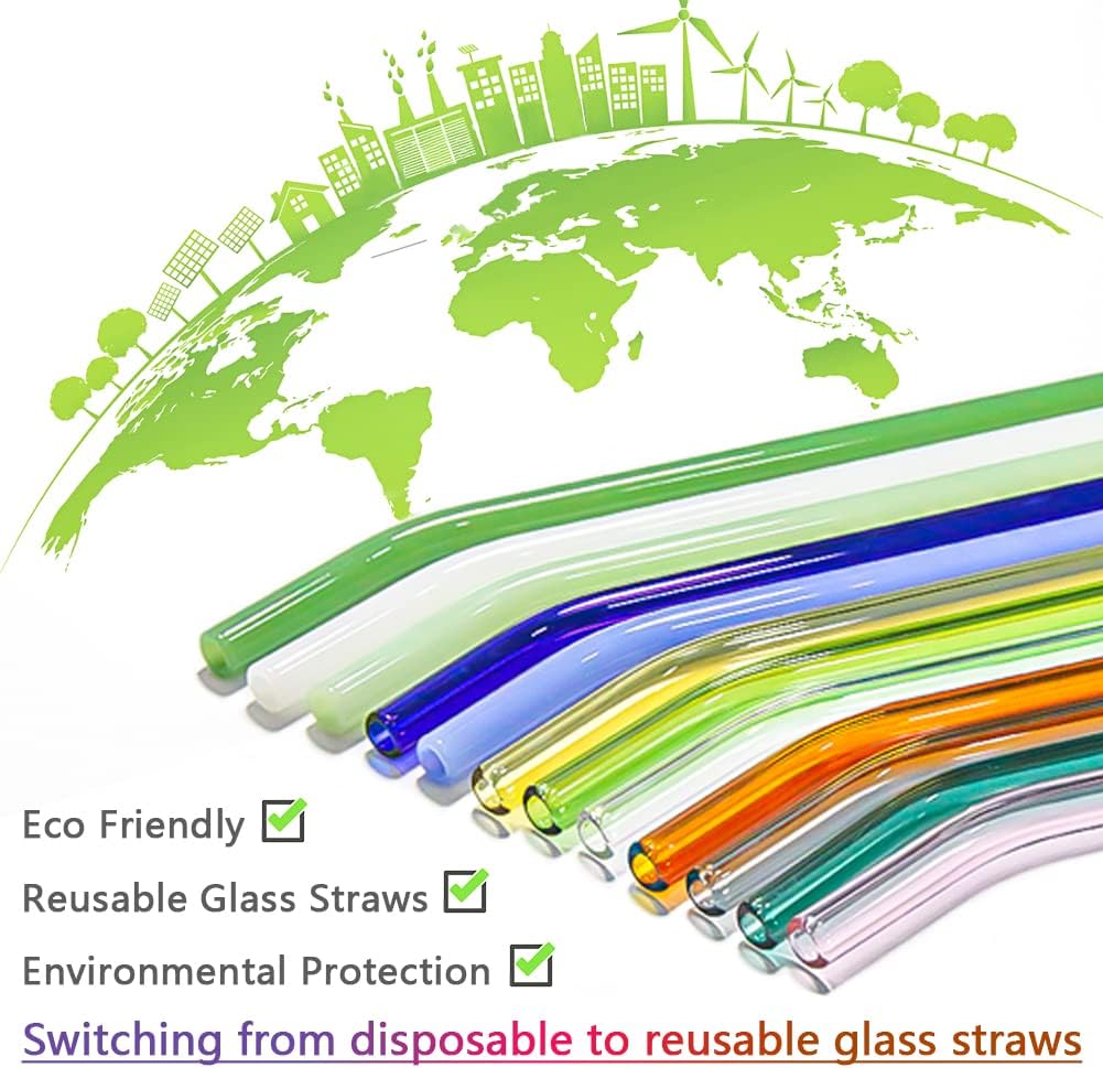 12 Pack Reusable Glass Straws – 8" x 8mm Bent Drinking Straws, Colorful Shatter-Resistant Borosilicate Glass Straws with 2 Cleaning Brushes, Dishwasher Safe – Perfect for Smoothies, Milkshakes, Iced Coffee, Tea & Juice