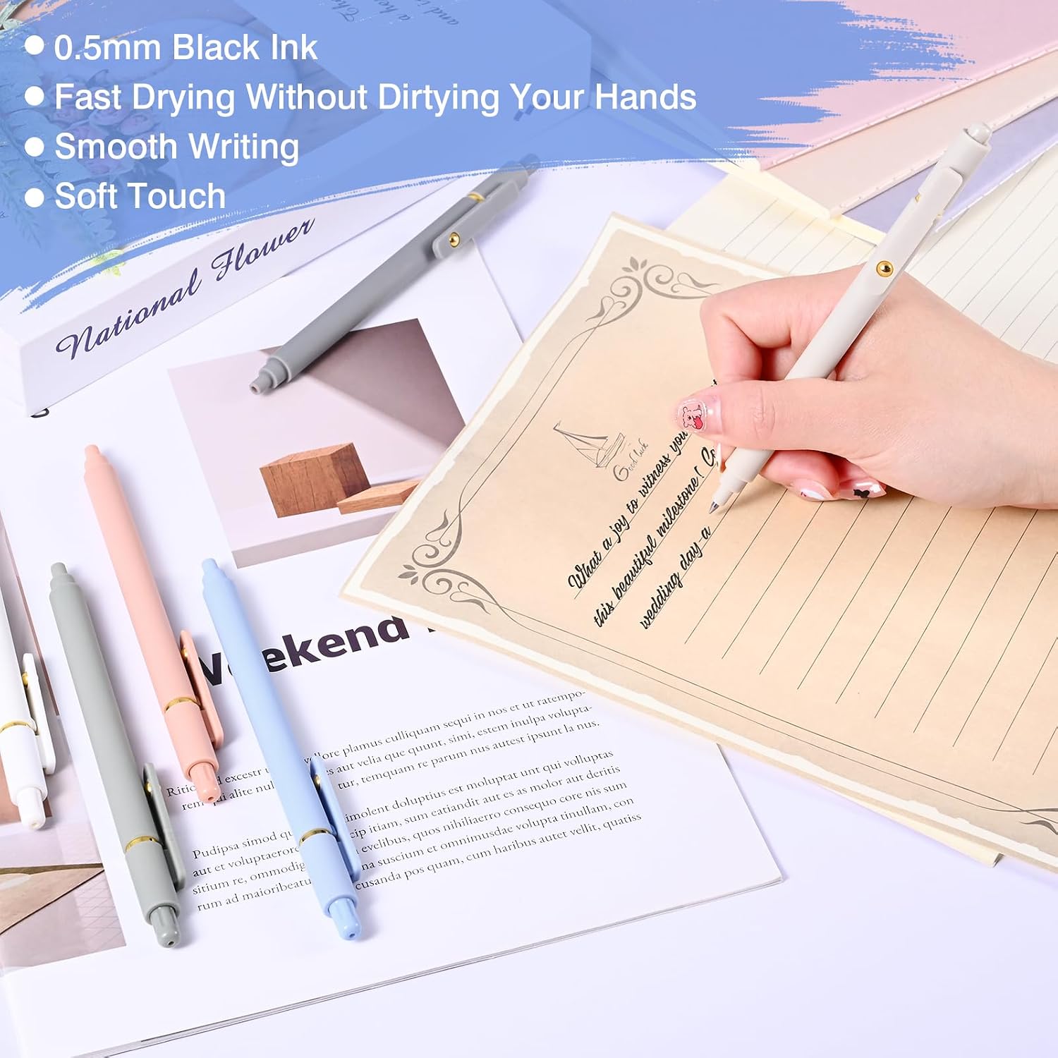 Gel Pens 6 Pack – 0.5mm Fine Point Black Ink Pens with 6 Refills, Quick-Dry No Smear Smooth Writing, Retractable Aesthetic Pens for Journaling, School, Office Supplies, Nurse Gifts