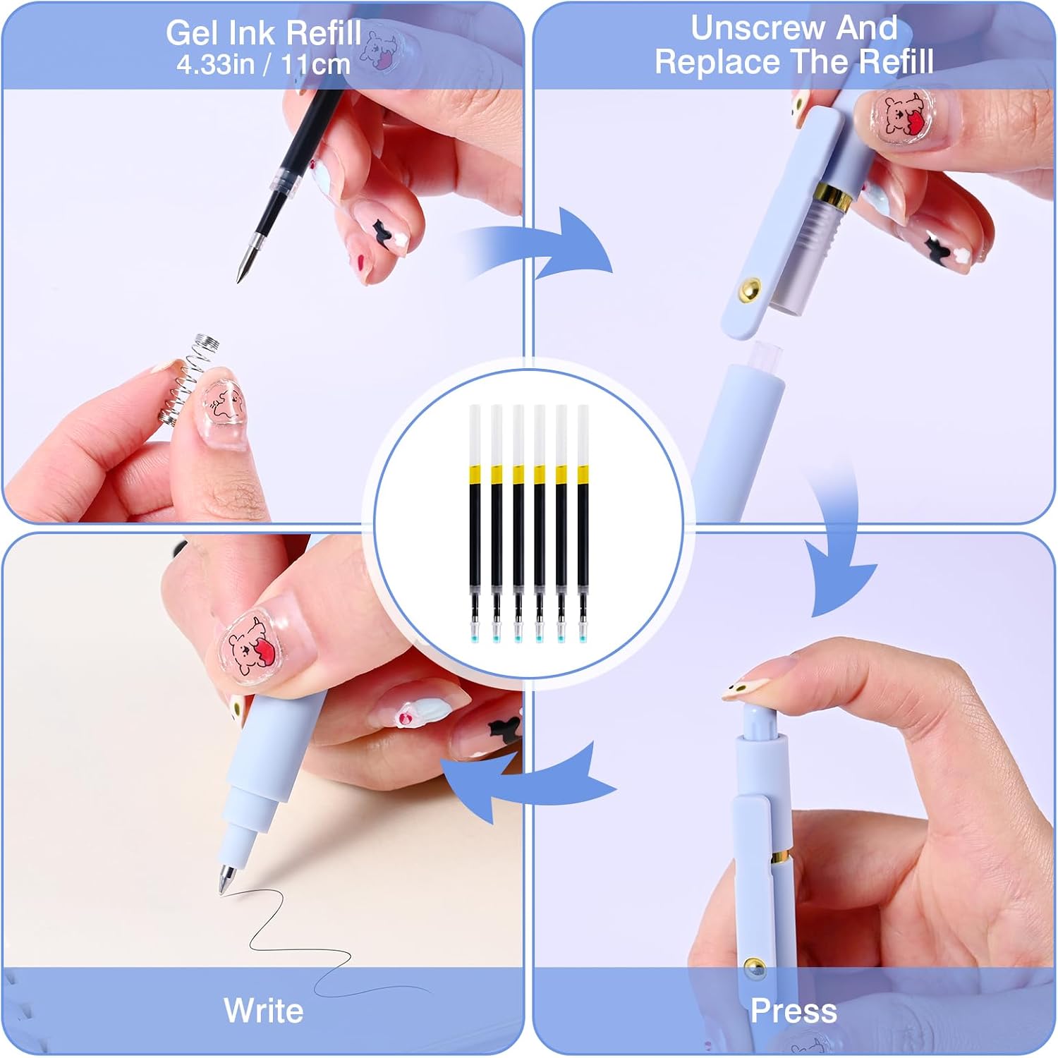 Gel Pens 6 Pack – 0.5mm Fine Point Black Ink Pens with 6 Refills, Quick-Dry No Smear Smooth Writing, Retractable Aesthetic Pens for Journaling, School, Office Supplies, Nurse Gifts