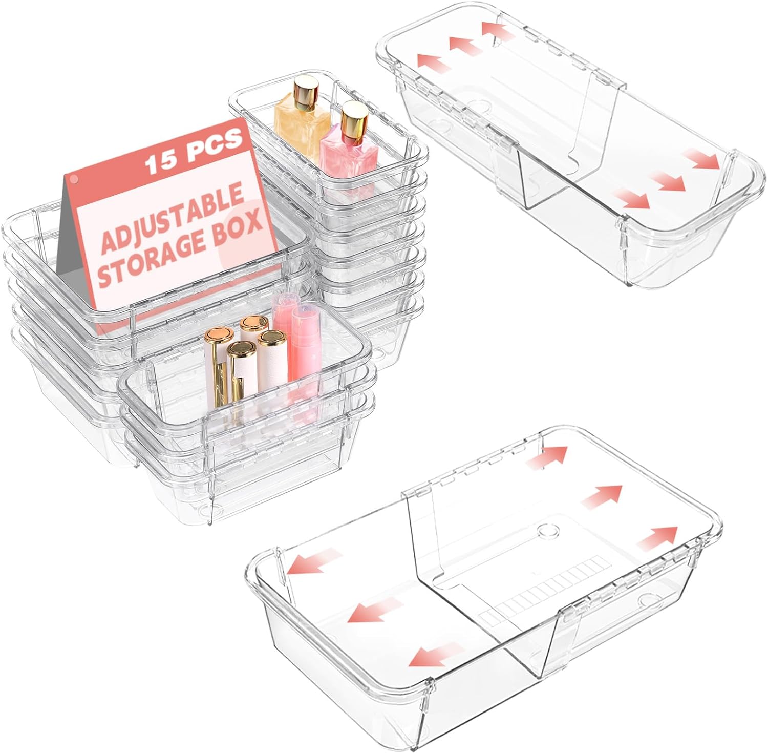 PLLDLC® 14 Pcs Expandable Drawer Organizer – Clear Storage Bins Set