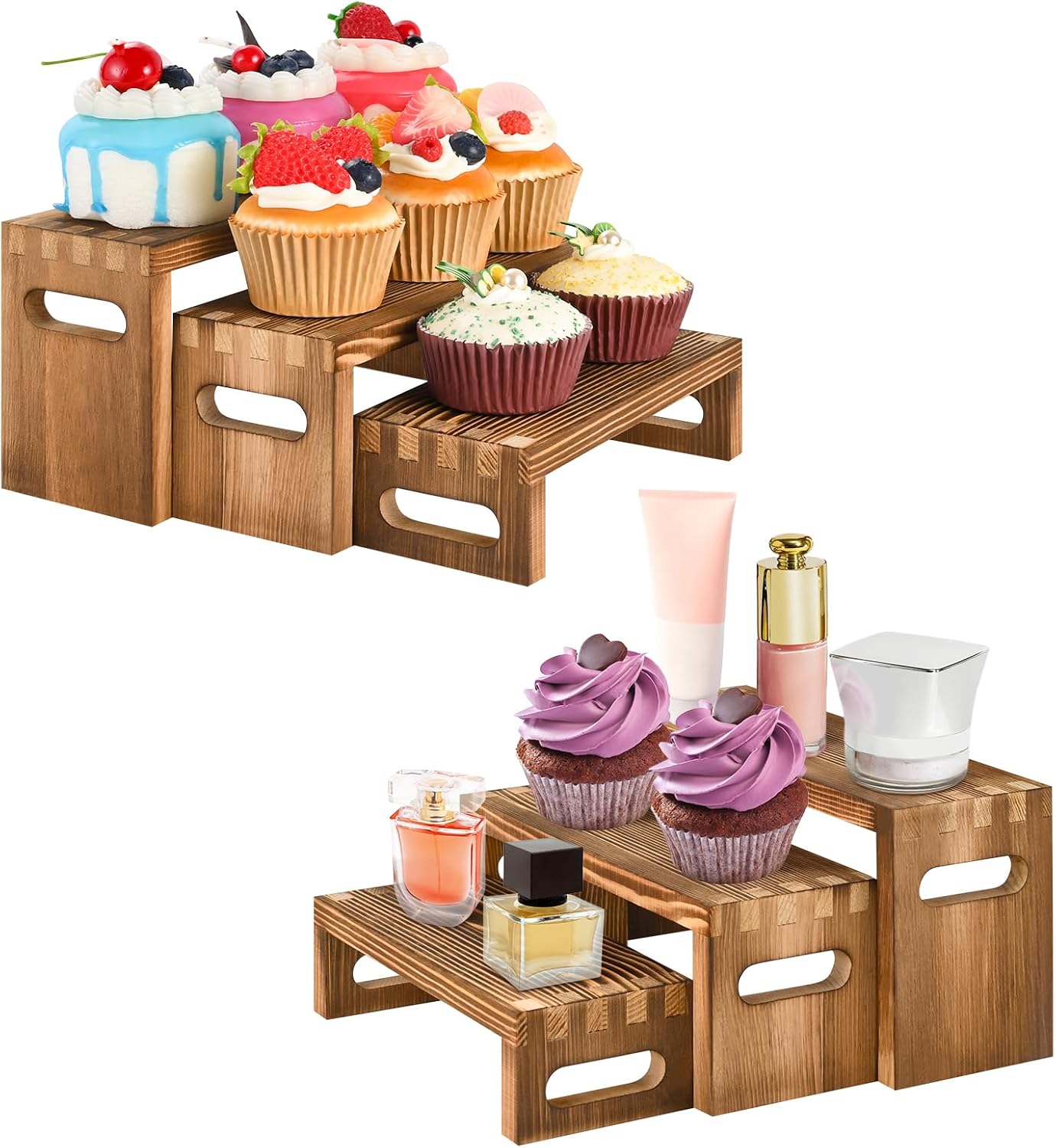 6 Pcs Wood Risers Display Stands – 2 Sets of 3-Tier Rectangular Wooden Risers for Table Display, Solid Wood Cupcake Stands for Desserts, Perfume, Jewelry, Collections & Party Decor
