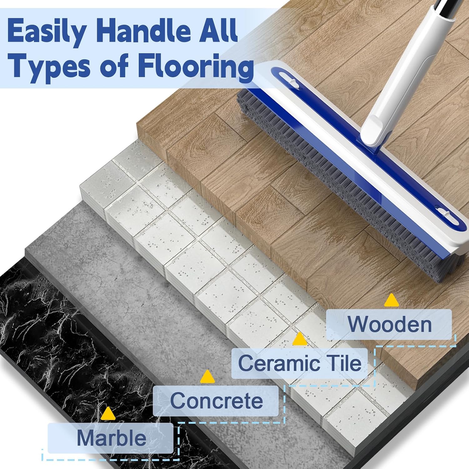 4-in-1 Floor Scrub Brush with Long Handle – V-Shaped Crevice Brush, Floor Scrubber Mop with Squeegee & Tweezer, Multi-Surface Cleaning Tool for Tile, Grout, Bathroom, Kitchen, Patio, Garage