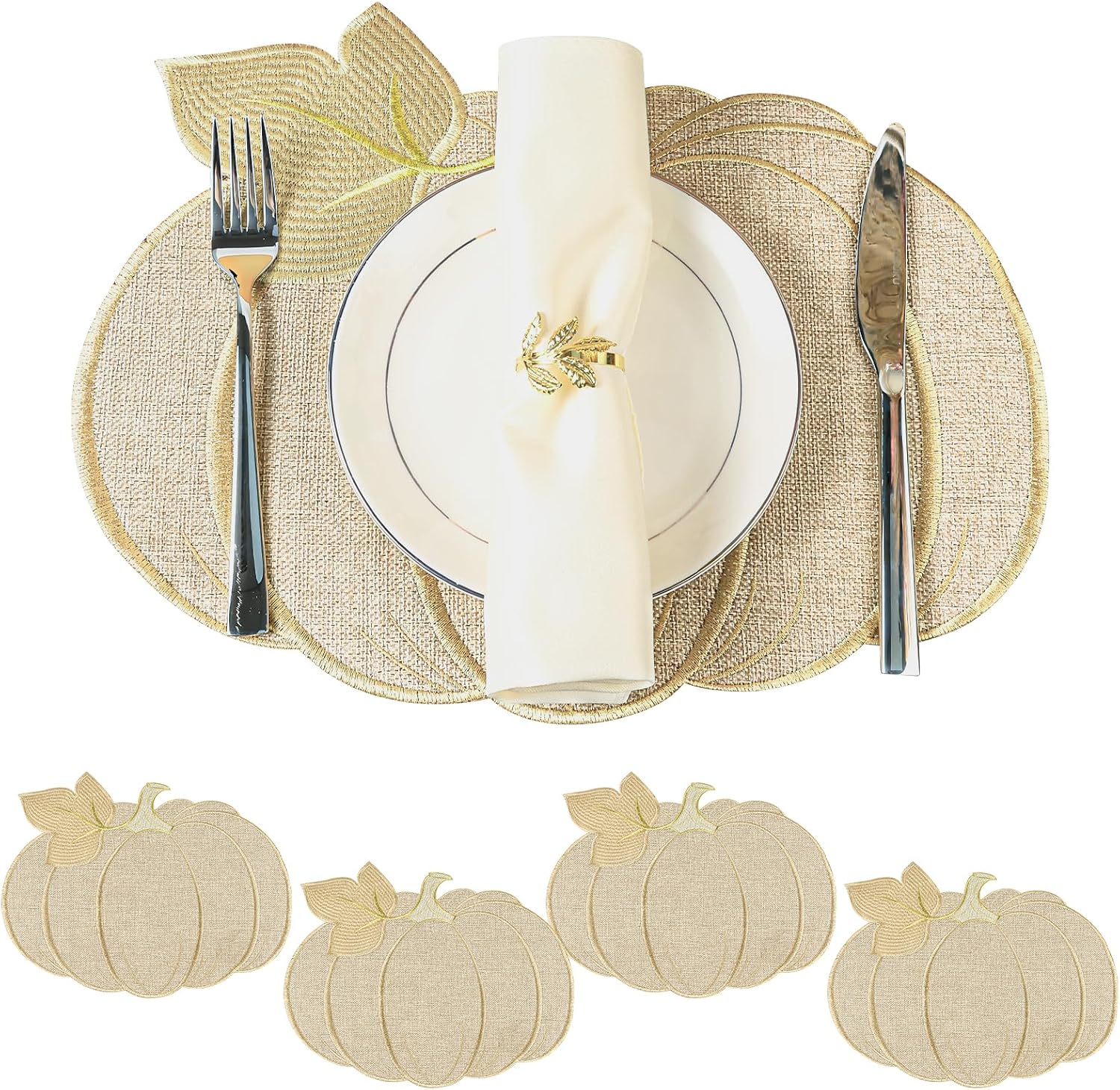 Fall Thanksgiving Pumpkin Placemats Set of 4 – Autumn Table Decorations, Farmhouse Harvest Pumpkin-Shaped Round Placemats for Kitchen Dining, Holiday Party & Seasonal Home Decor (13.8" x 12.6")