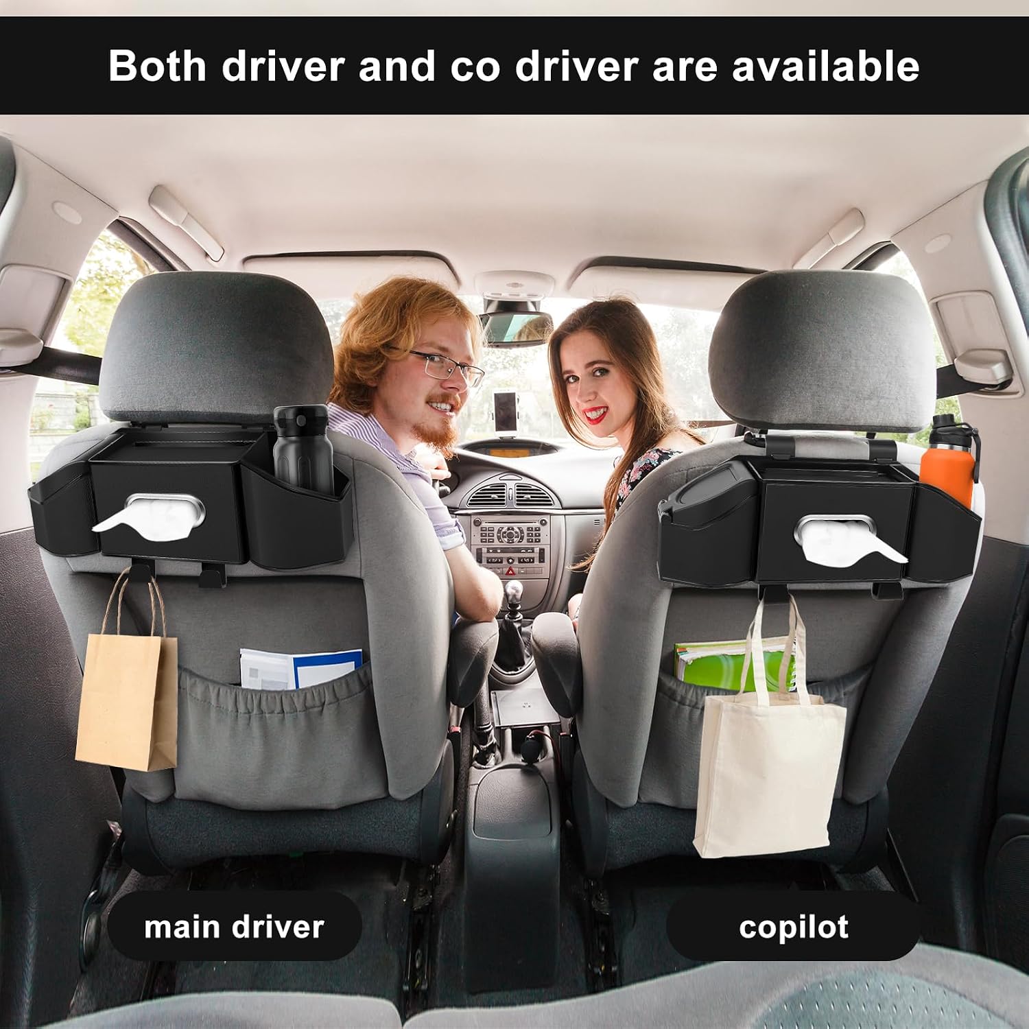 7-In-1 Car Seat Back Organizer – Multifunctional Headrest Storage with Cup Holders, Tissue Box, Garbage Can, Phone Holder & Hooks – Backseat Car Organizer for Road Trips, Family Travel, Kids (Black)