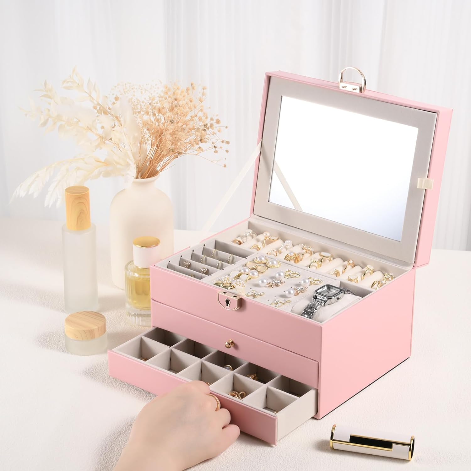 3 Layer Jewelry Box – Large Jewelry Organizer Case with 2 Drawers, Hidden Necklace Storage, Built-in Mirror, Lockable PU Leather Jewelry Holder, Removable Dividers – Gift for Women (Pink)