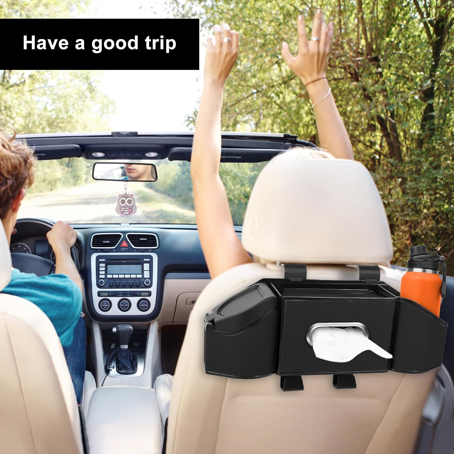 7-In-1 Car Seat Back Organizer – Multifunctional Headrest Storage with Cup Holders, Tissue Box, Garbage Can, Phone Holder & Hooks – Backseat Car Organizer for Road Trips, Family Travel, Kids (Black)