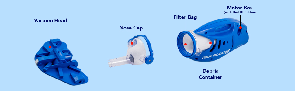 Pool Blaster Max Li parts: vacuum head. crevice nozzle. filter bag. debris container. motor box