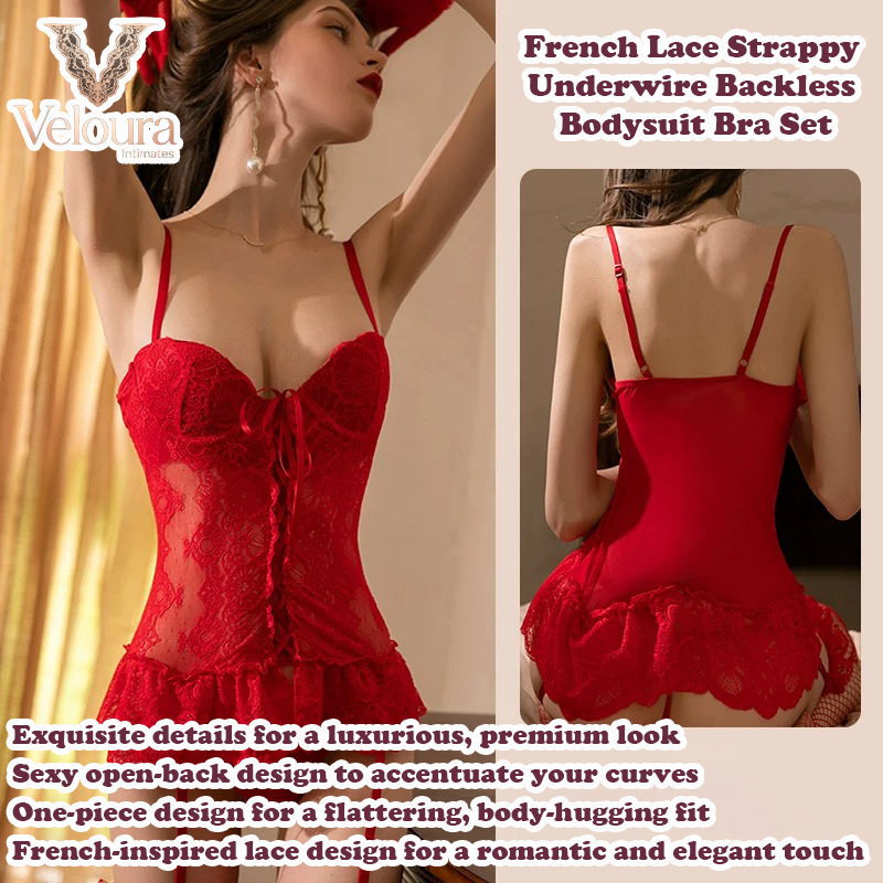 French Lace Strappy Underwire Backless Bodysuit Bra Set