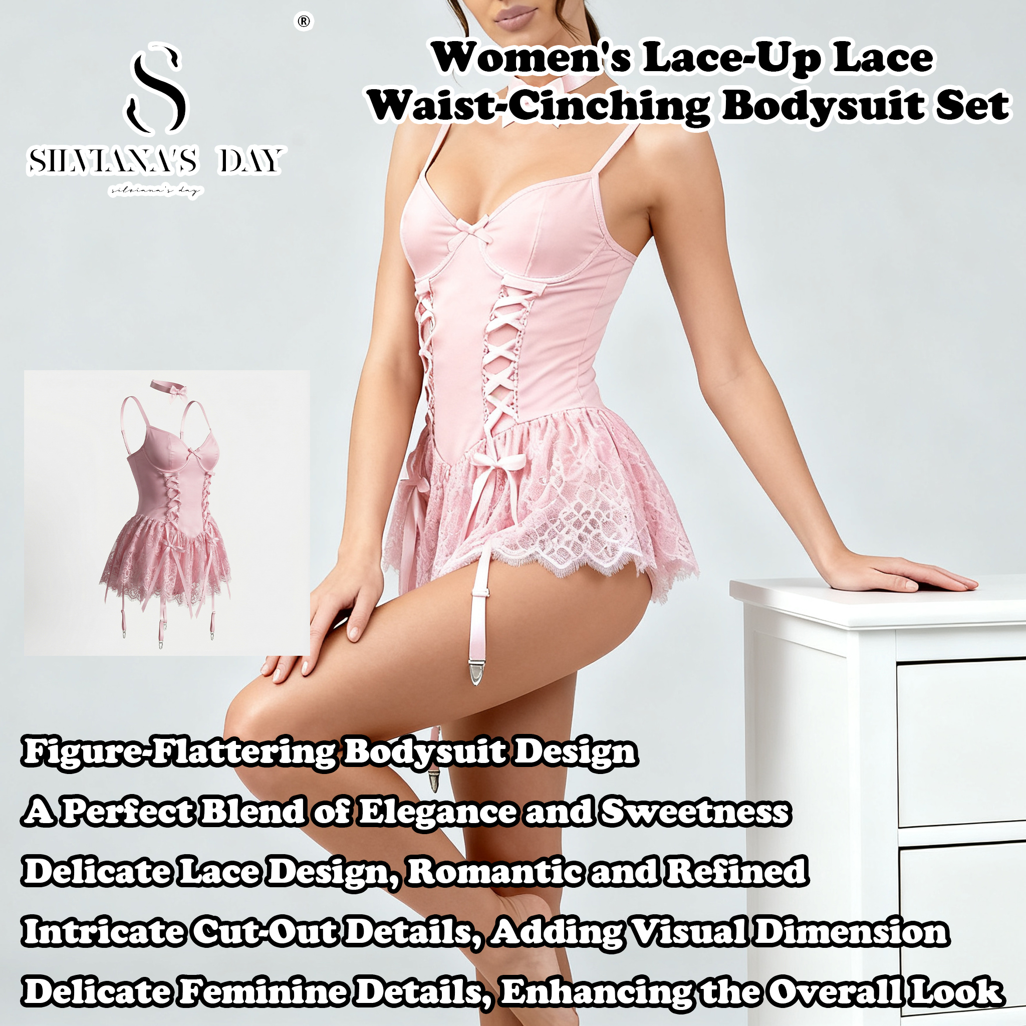 Women’s Lace-Up Corset Bodysuit Set with Underwire Babydoll & Bow Tie
