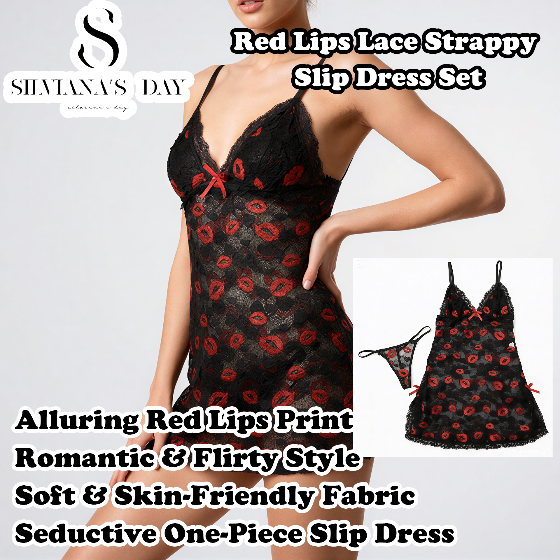 Red Lips Lace Strappy Slip Dress Set
