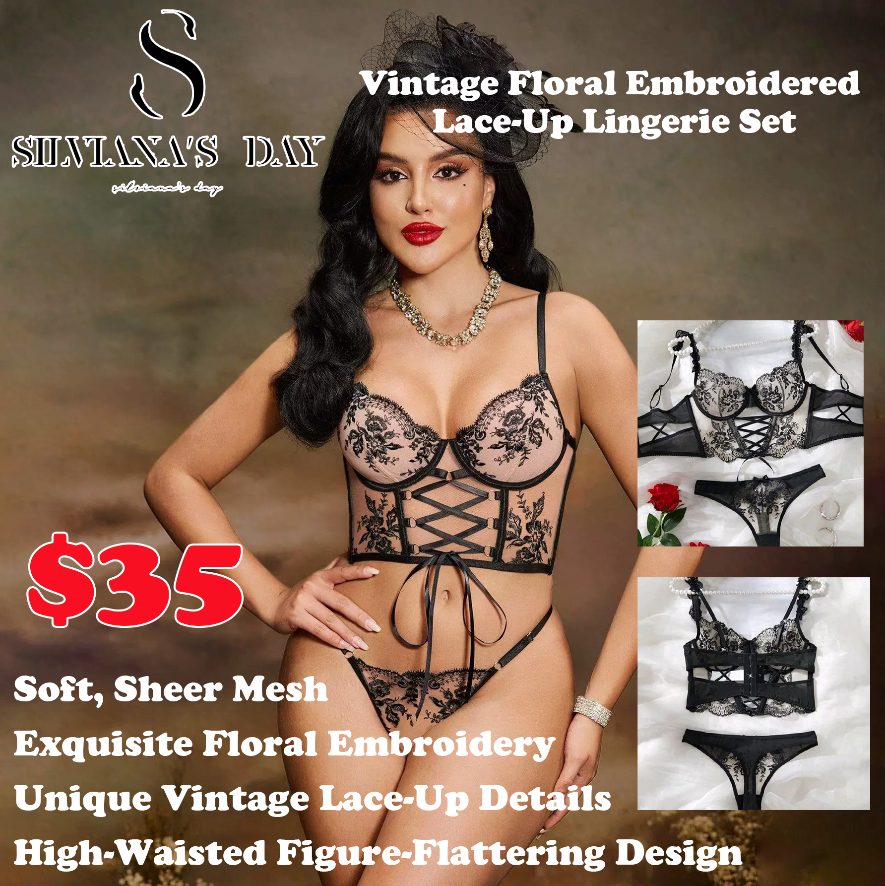 Vintage Floral Embroidered Lace-Up Lingerie Set