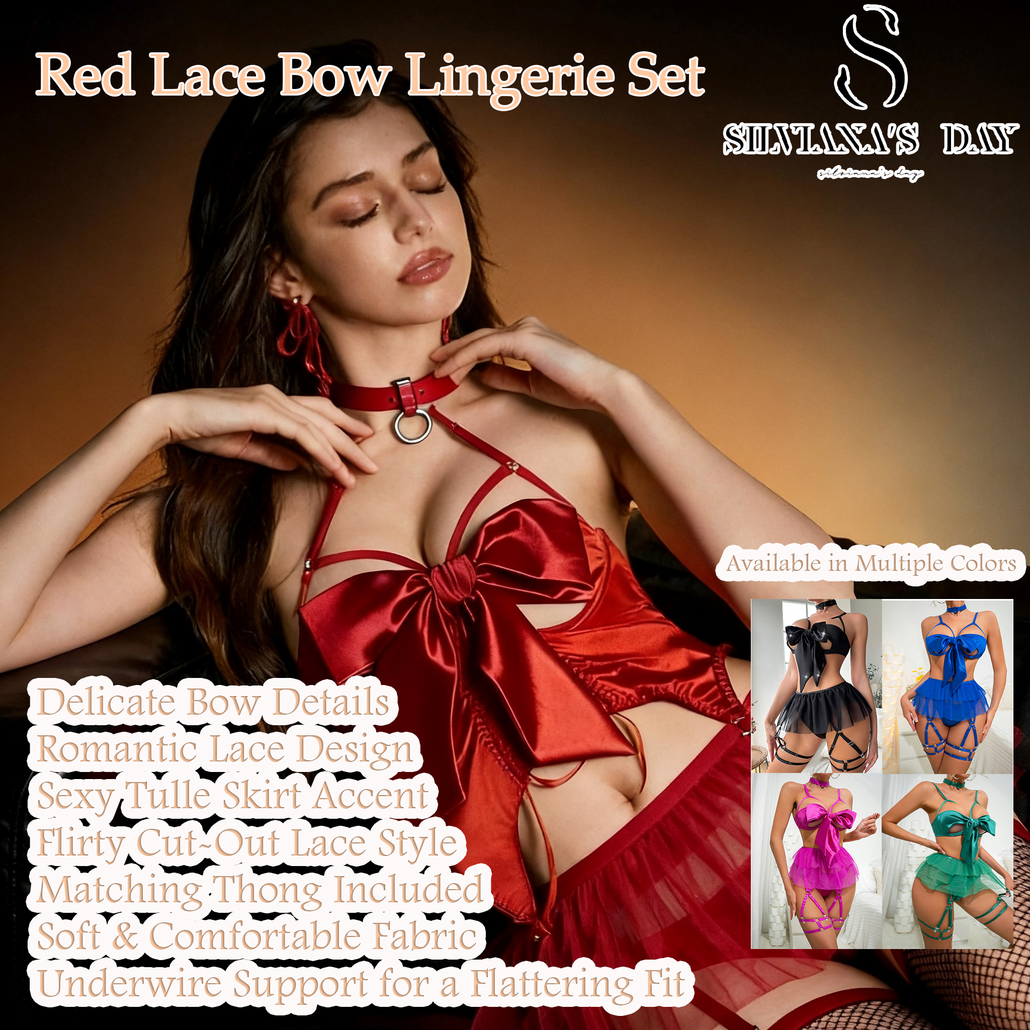 Red Lace Cut-Out Bow Underwire Bra, Thong, Tutu Skirt Sexy Lingerie Set