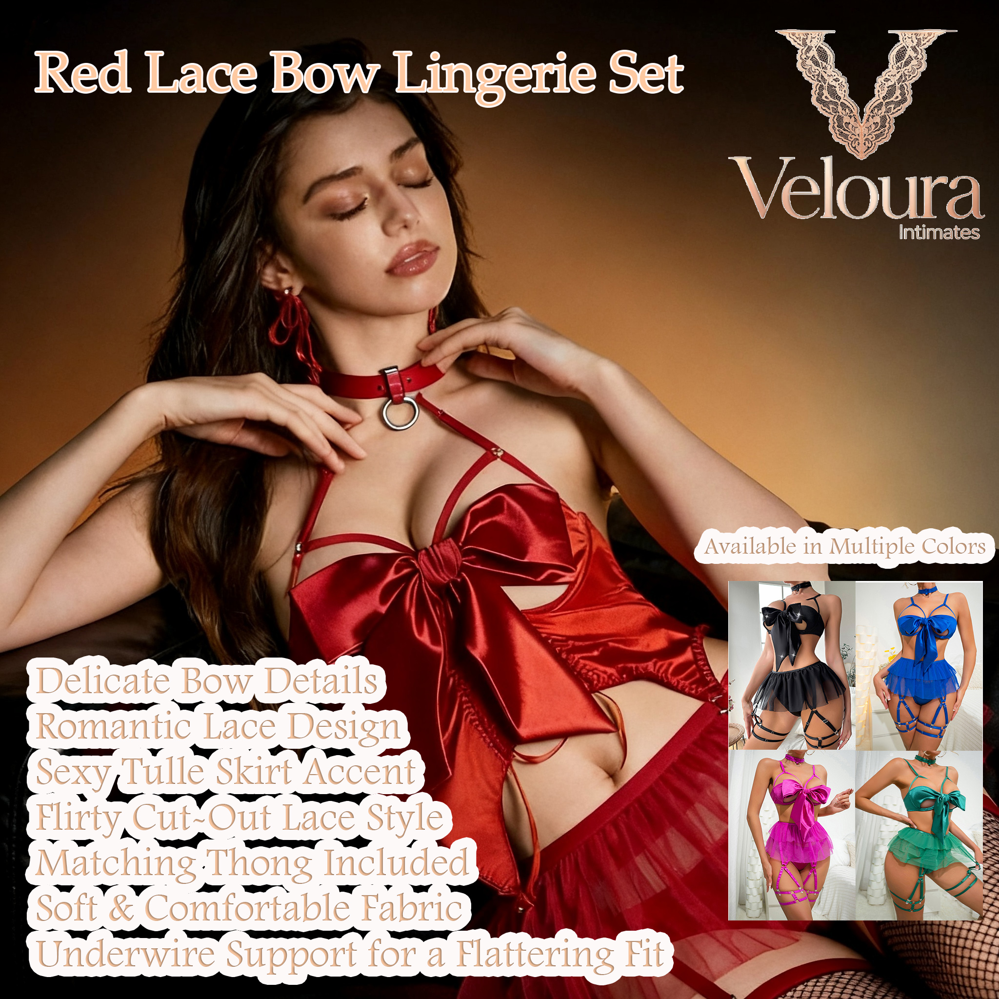 Red Lace Cut-Out Bow Underwire Bra, Thong, Tutu Skirt Sexy Lingerie Set
