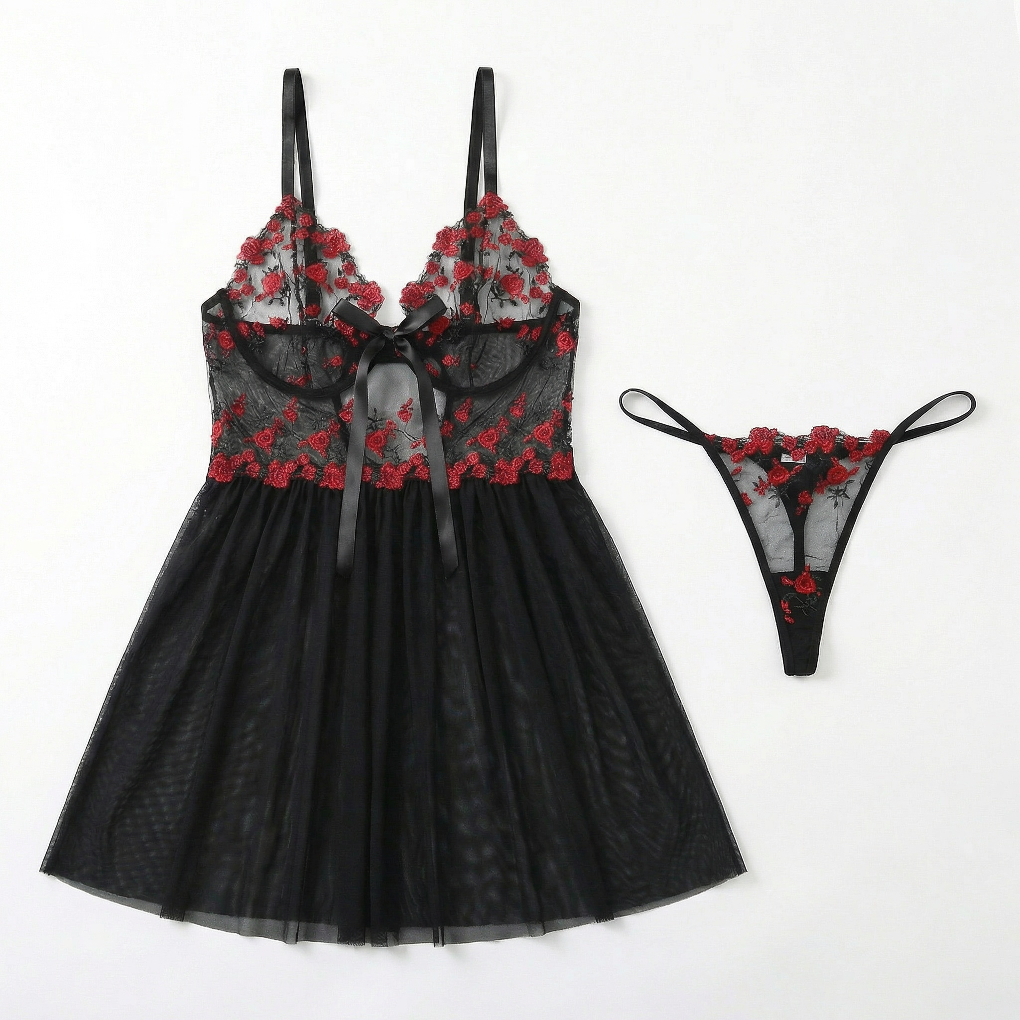 Embroidered Sheer Mesh Deep V Slip Dress