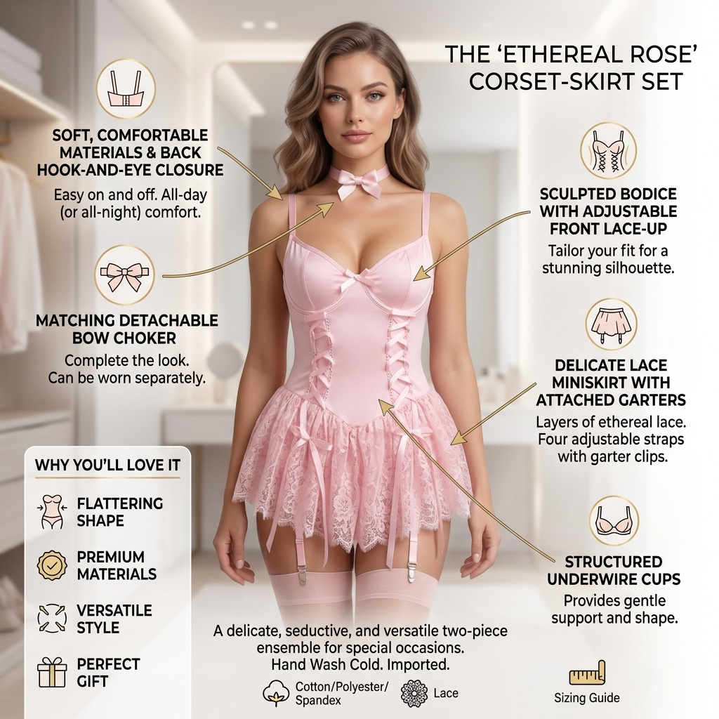 Women’s Lace-Up Corset Bodysuit Set with Underwire Babydoll & Bow Tie