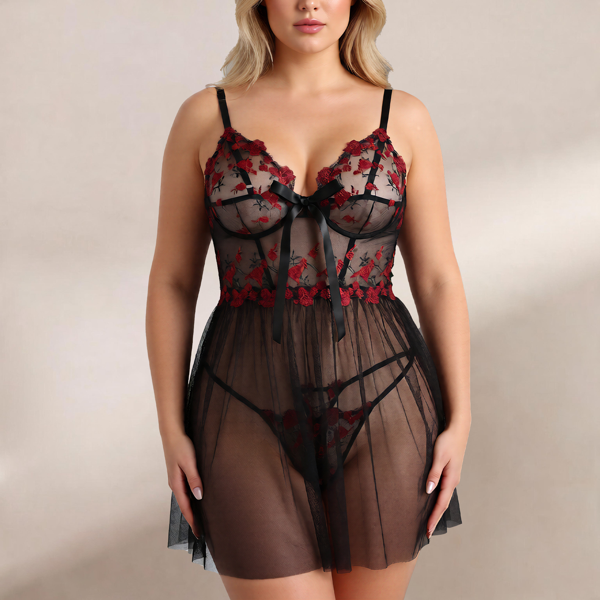 Embroidered Sheer Mesh Deep V Slip Dress