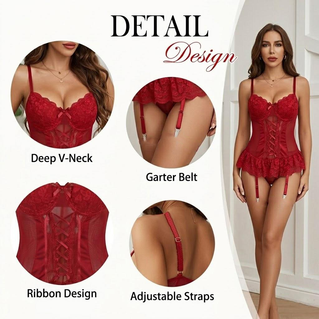 French Lace Strappy Underwire Backless Bodysuit Bra Set