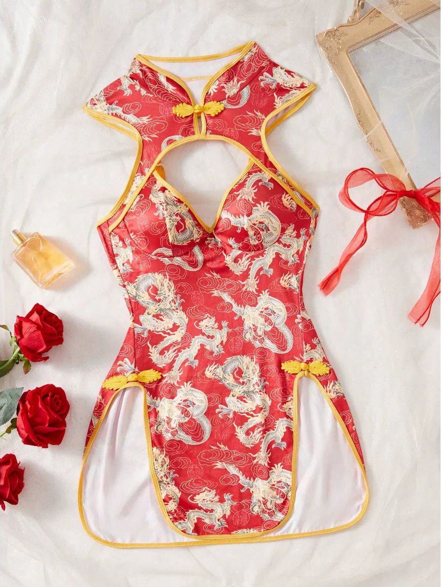 Vintage Dragon Print Slit Cheongsam Nightdress