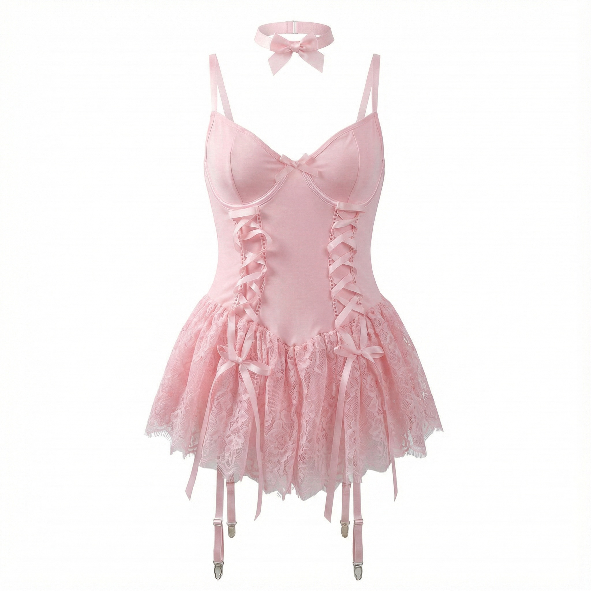 Women’s Lace-Up Corset Bodysuit Set with Underwire Babydoll & Bow Tie