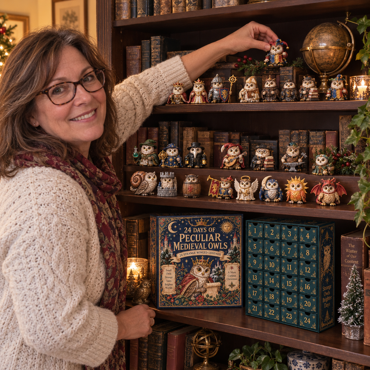 Owl collection displayed on shelf