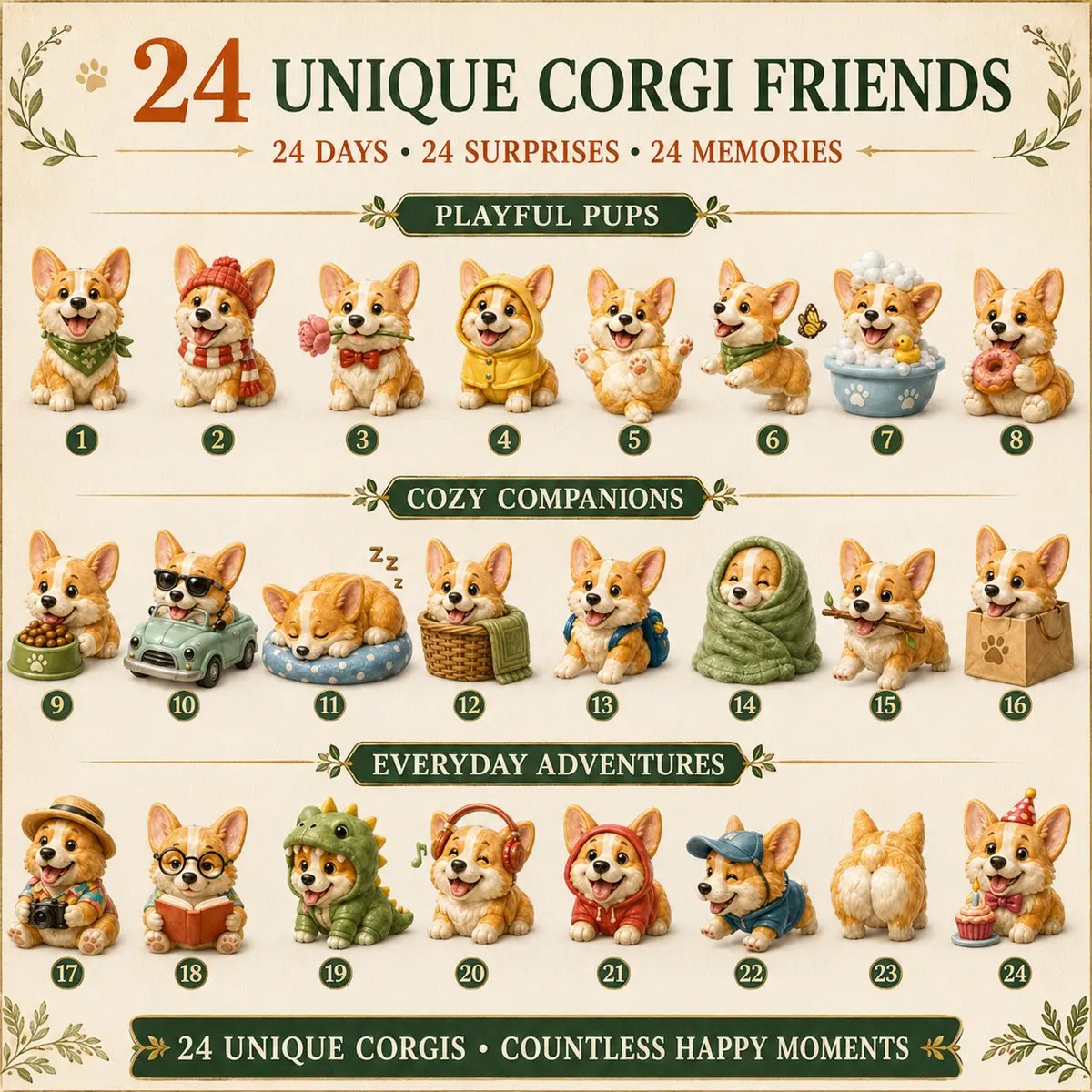 Numbered lineup of all 24 unique Corgi ornaments