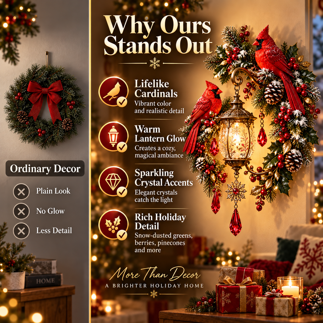 Cardinal lantern wall decor compared with an ordinary holiday wreath