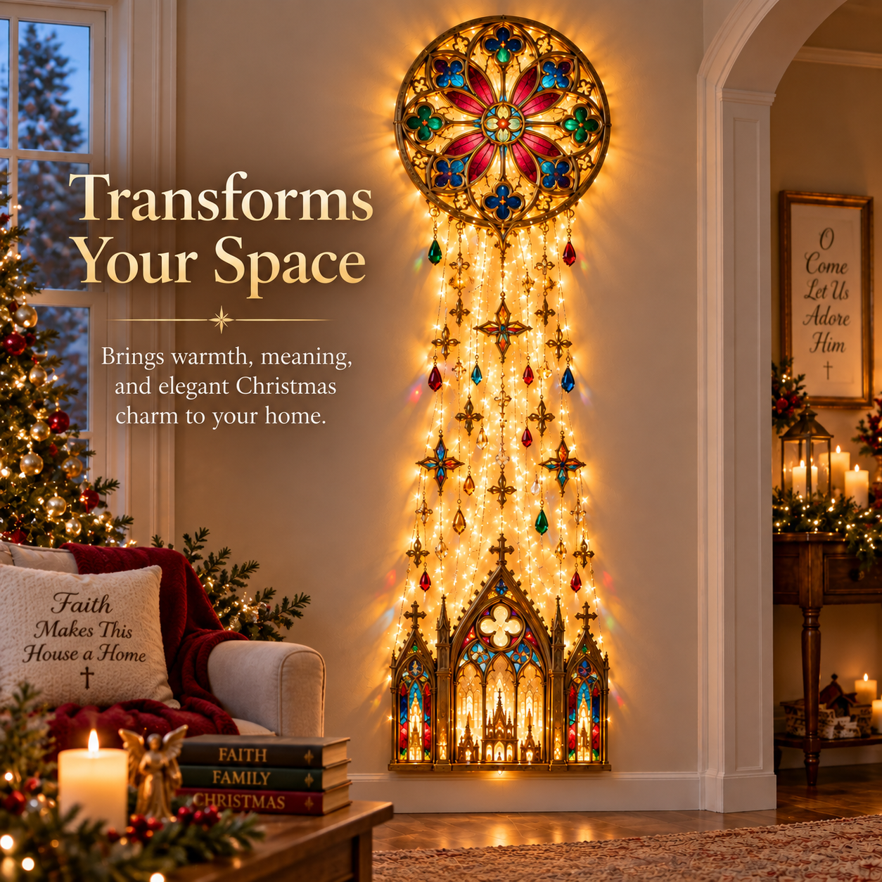 Cathedral-inspired illuminated wall decoration displayed in a warm Christmas living room
