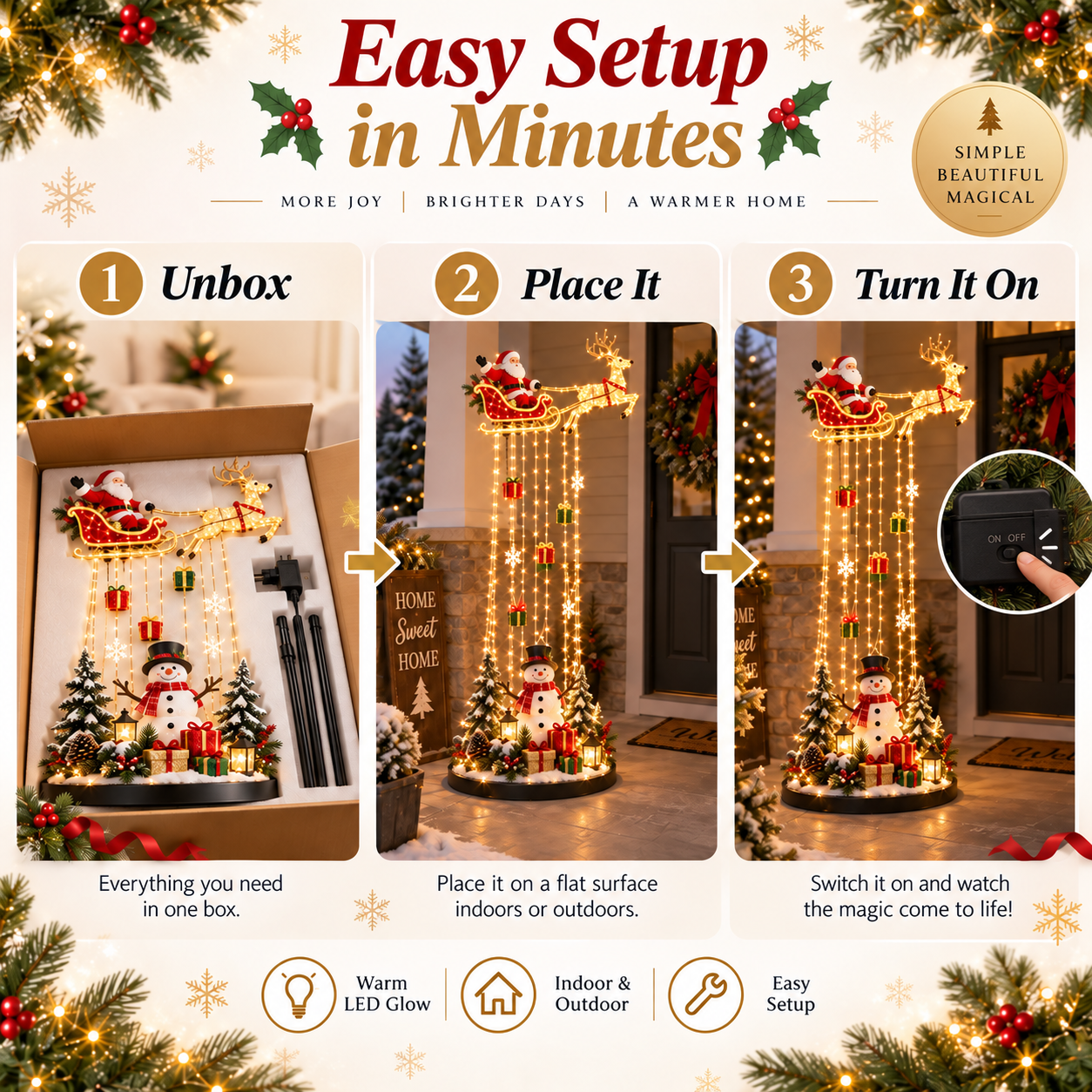 Easy setup of Santa sleigh Christmas light display