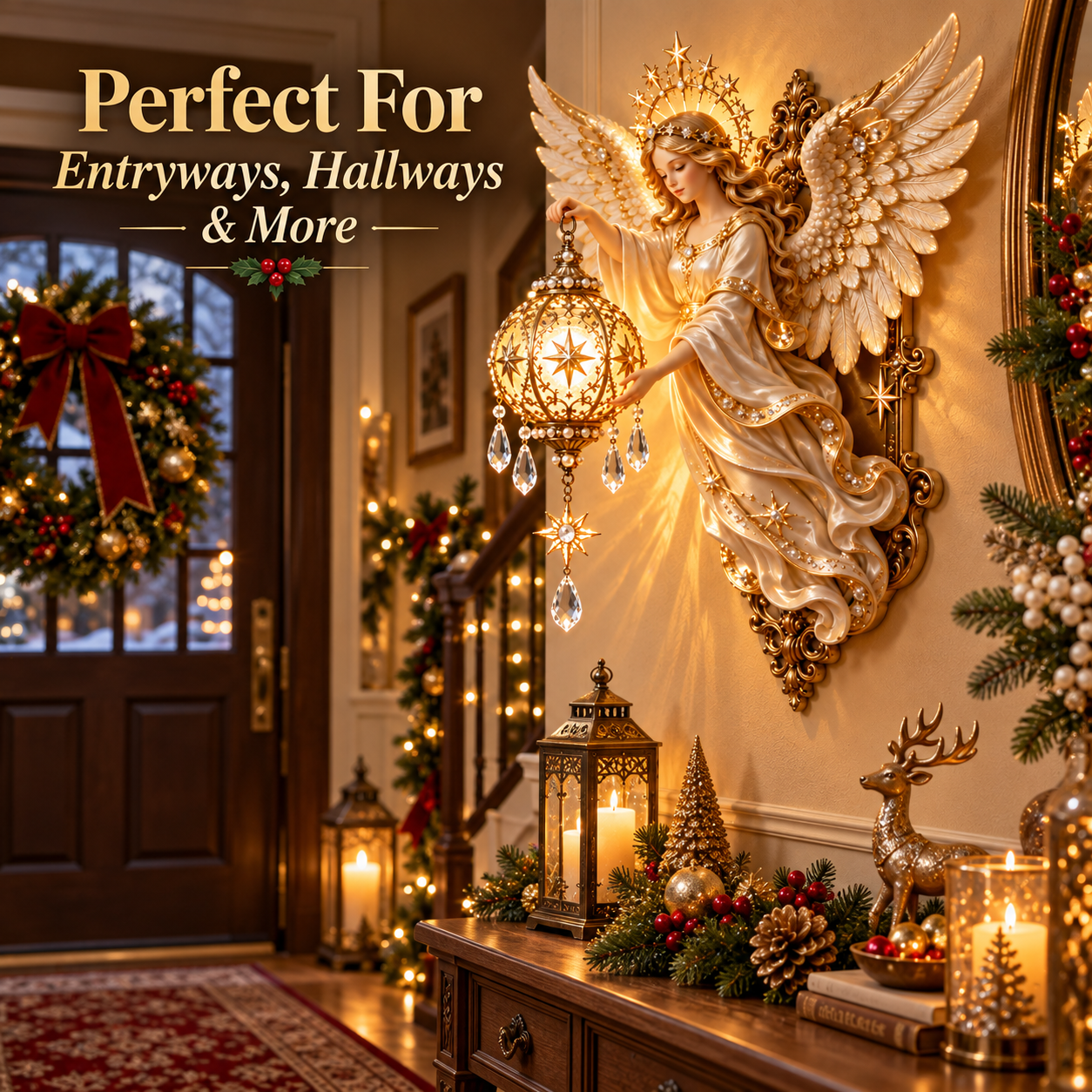 Angel lantern wall light displayed in a Christmas entryway