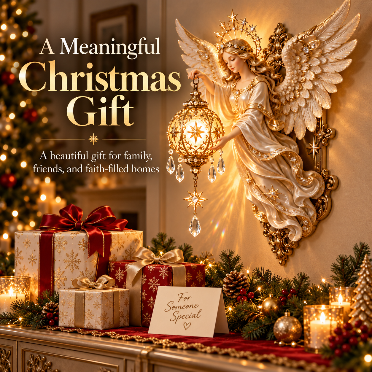 Angel lantern wall light displayed with wrapped Christmas gifts