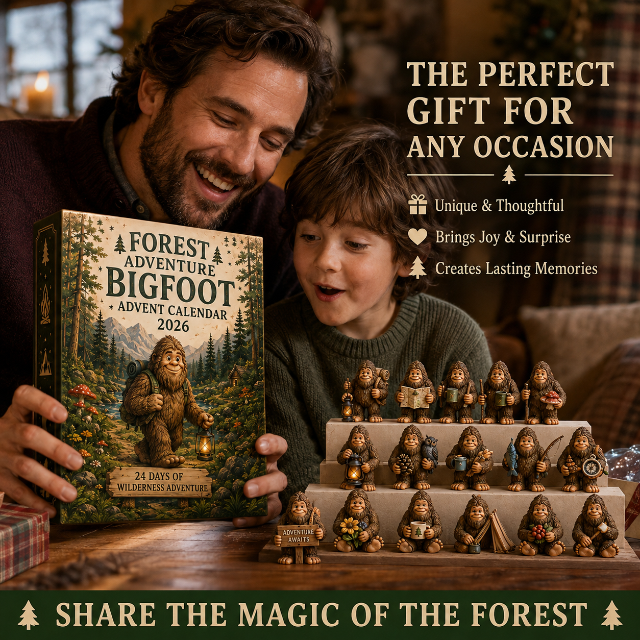 Father and child enjoying a Bigfoot Advent Calendar together