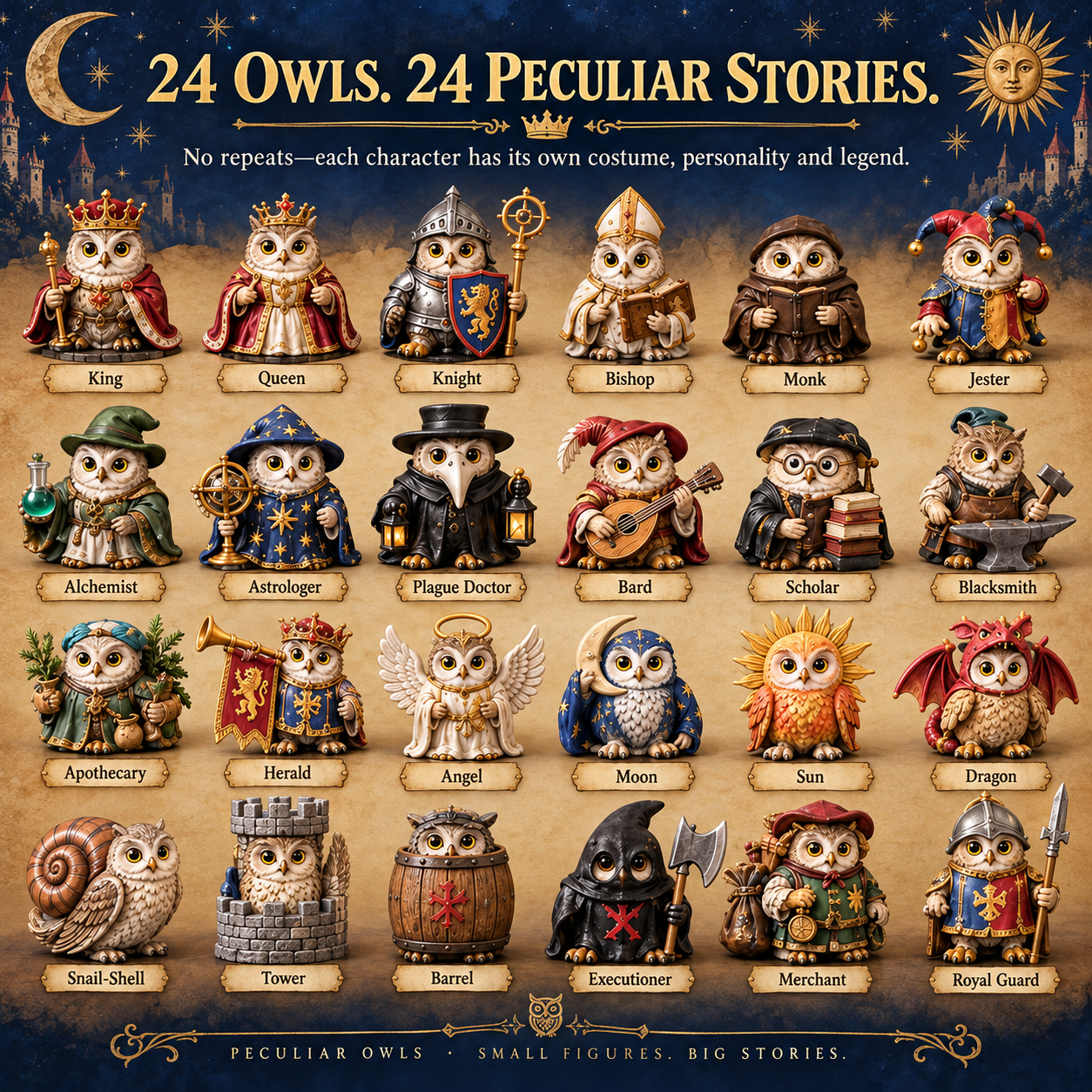 All 24 medieval owl characters