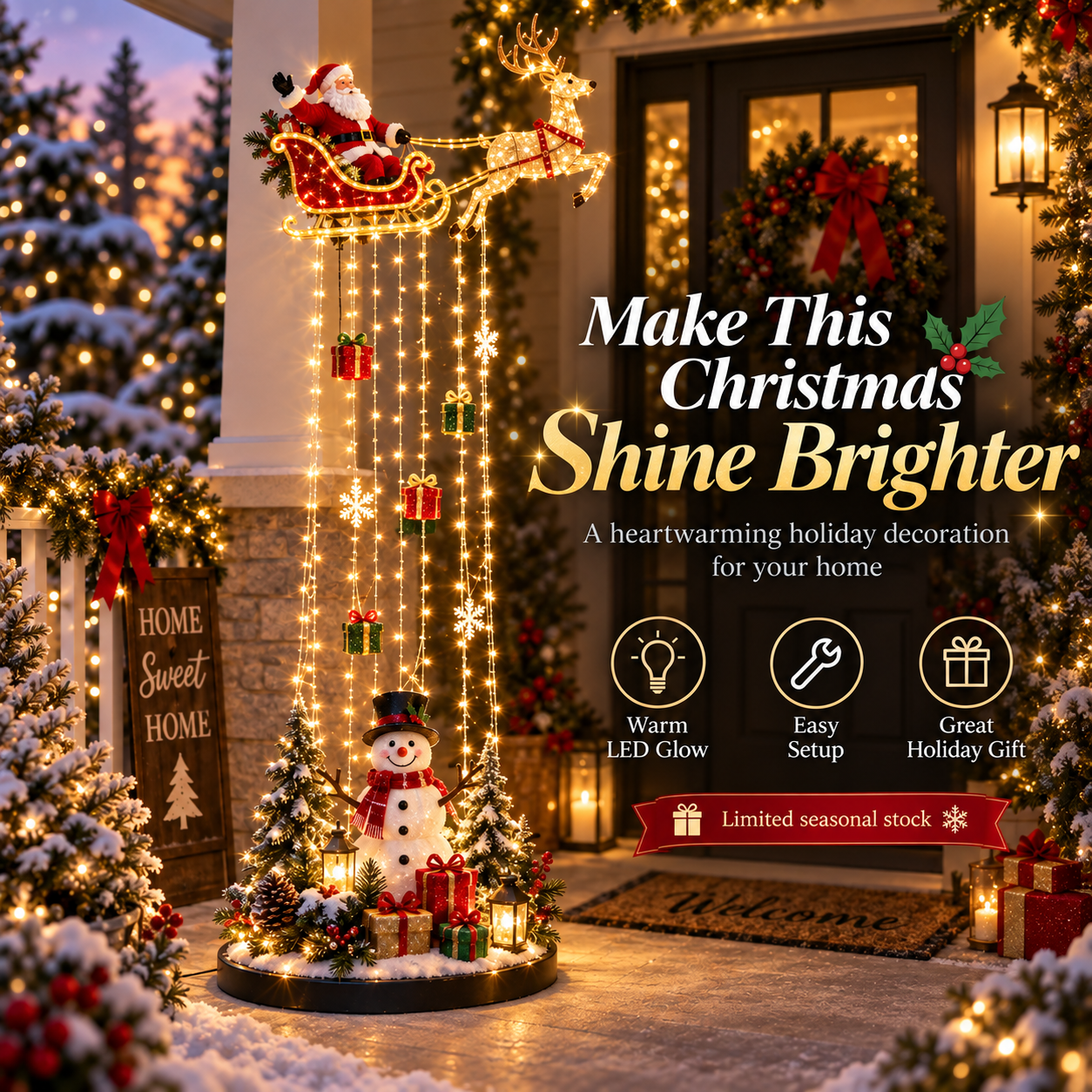 Lighted Santa Sleigh Christmas decoration with reindeer and snowman
