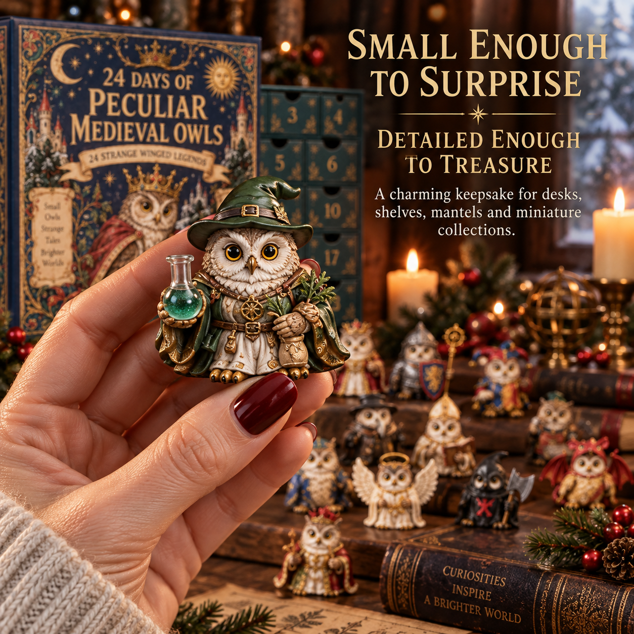 Owl figurine shown in hand for scale