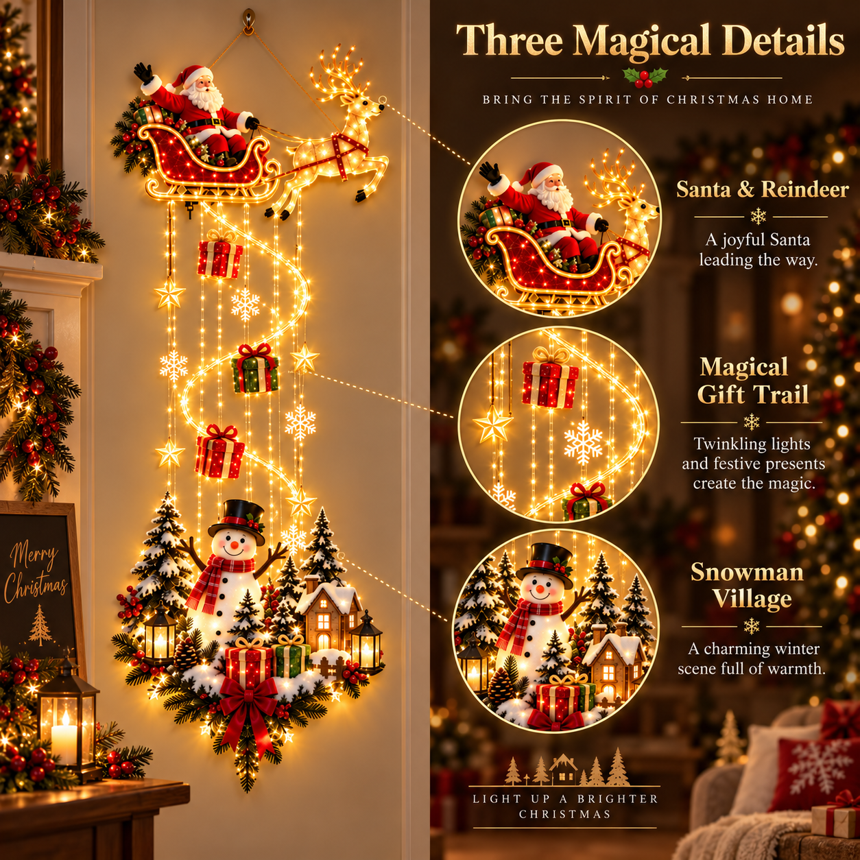 Mother and daughter enjoying the illuminated Christmas decoration beside gifts