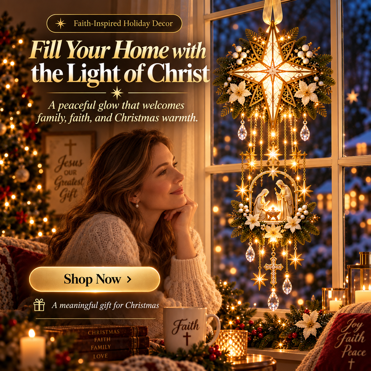 Warm Christmas room with Bethlehem Star Window Light