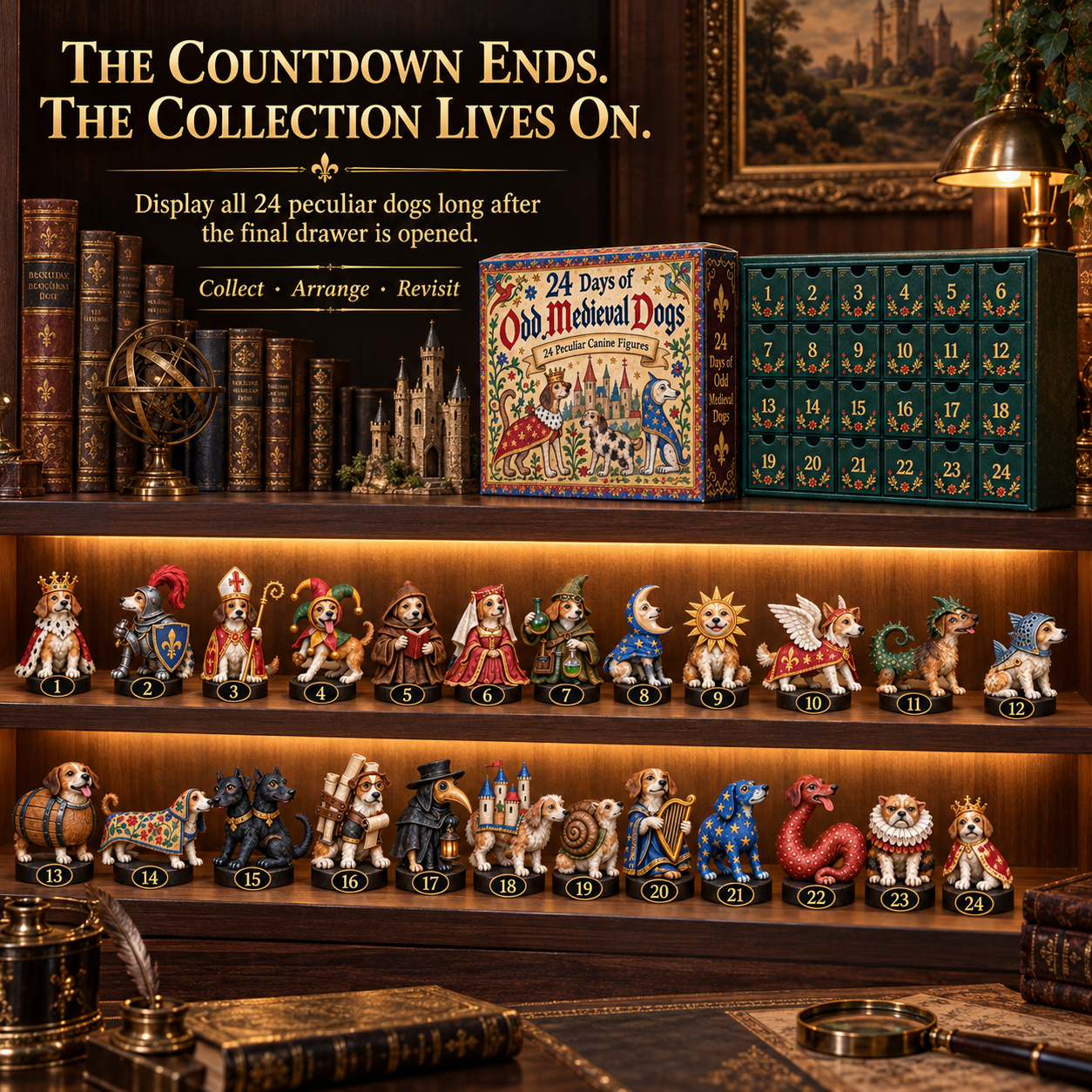 Medieval dog figurines displayed on shelf