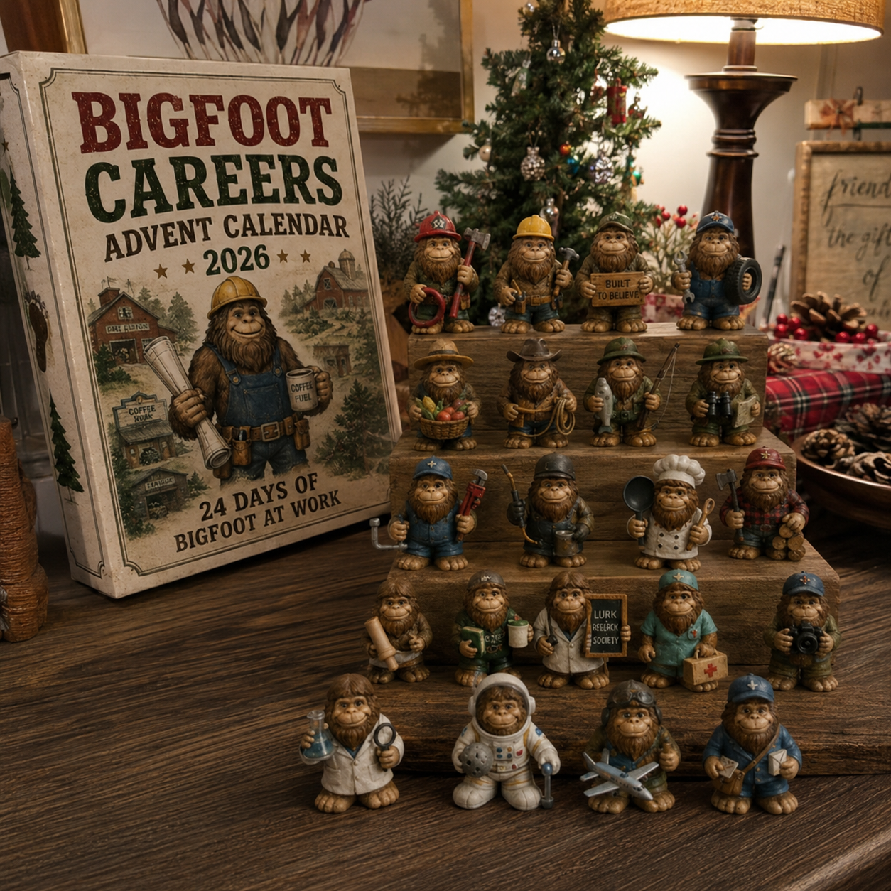 Bigfoot collection displayed in a cozy Christmas home