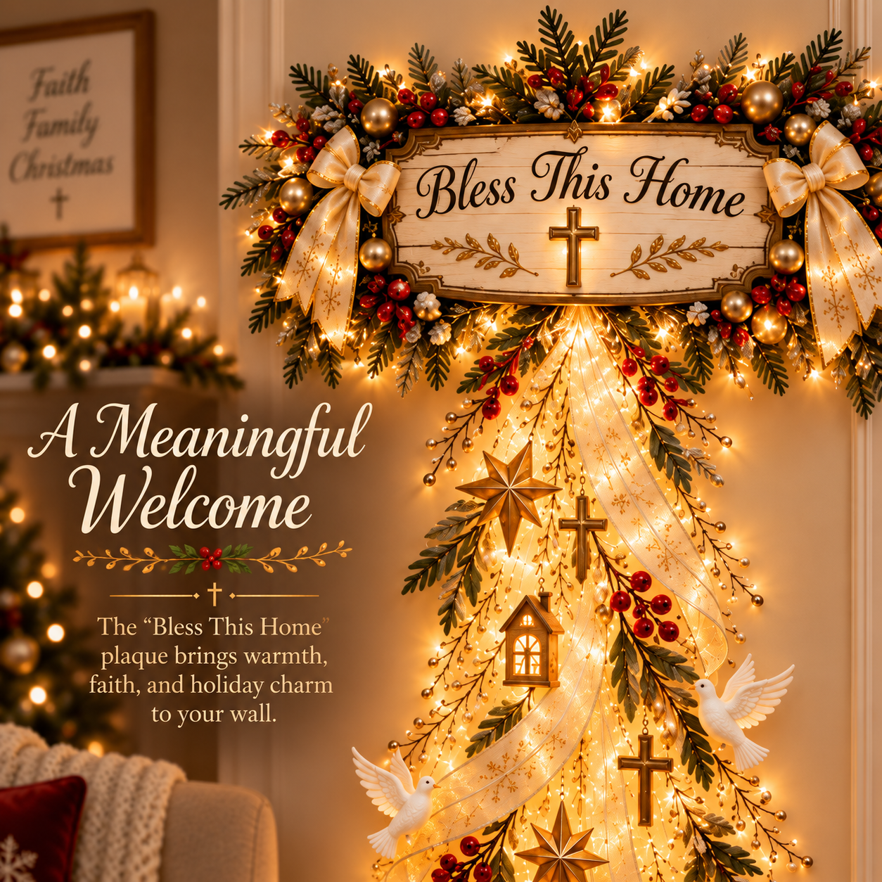 Christian Christmas wall light ribbon and ornament details