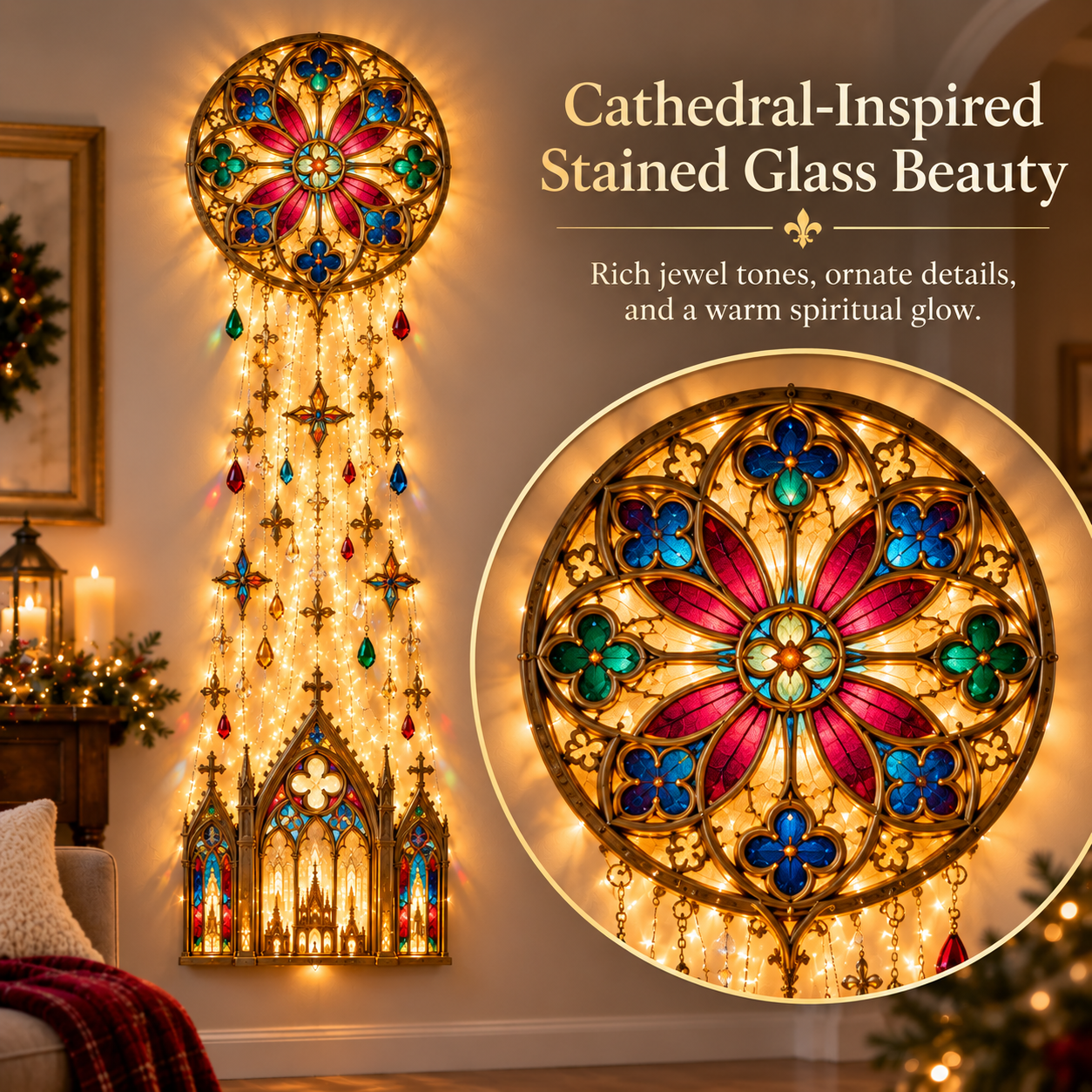 Close view of cathedral rose-window-inspired ornament with colorful jewel tones and warm lighting