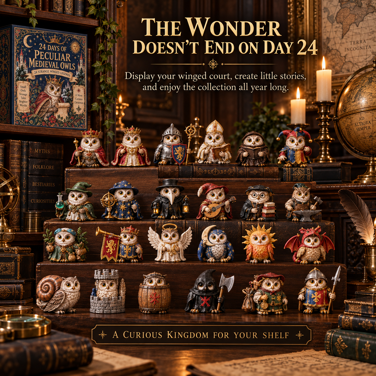 24 owl figures displayed on bookshelf