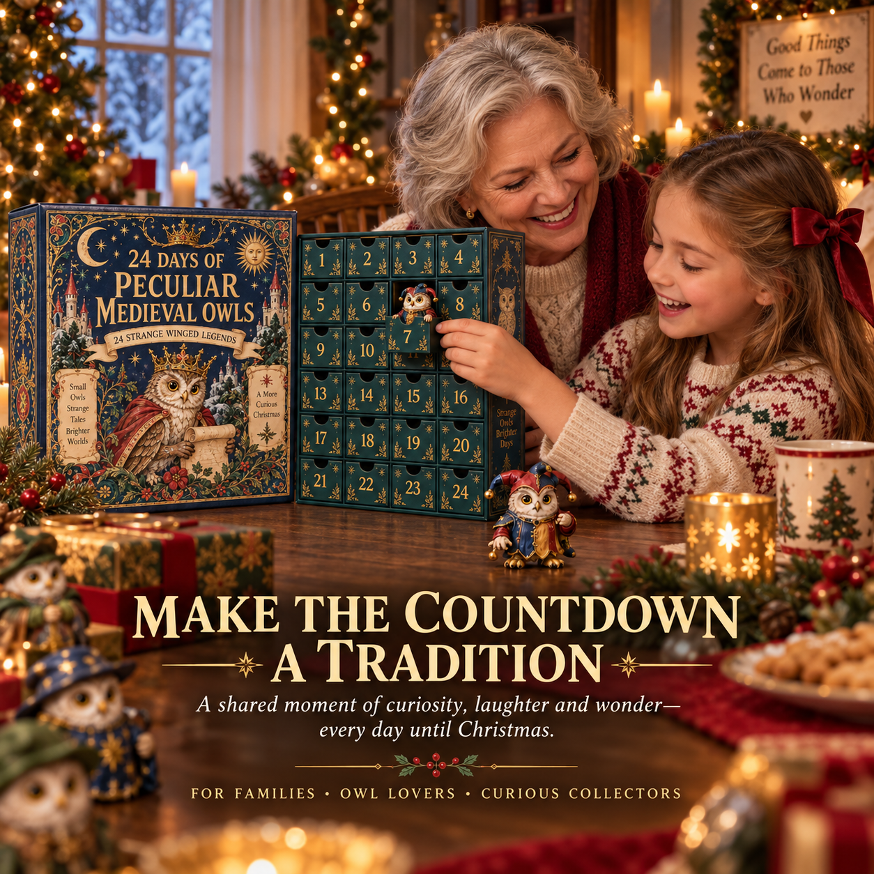 Grandmother and granddaughter enjoying owl Christmas countdown