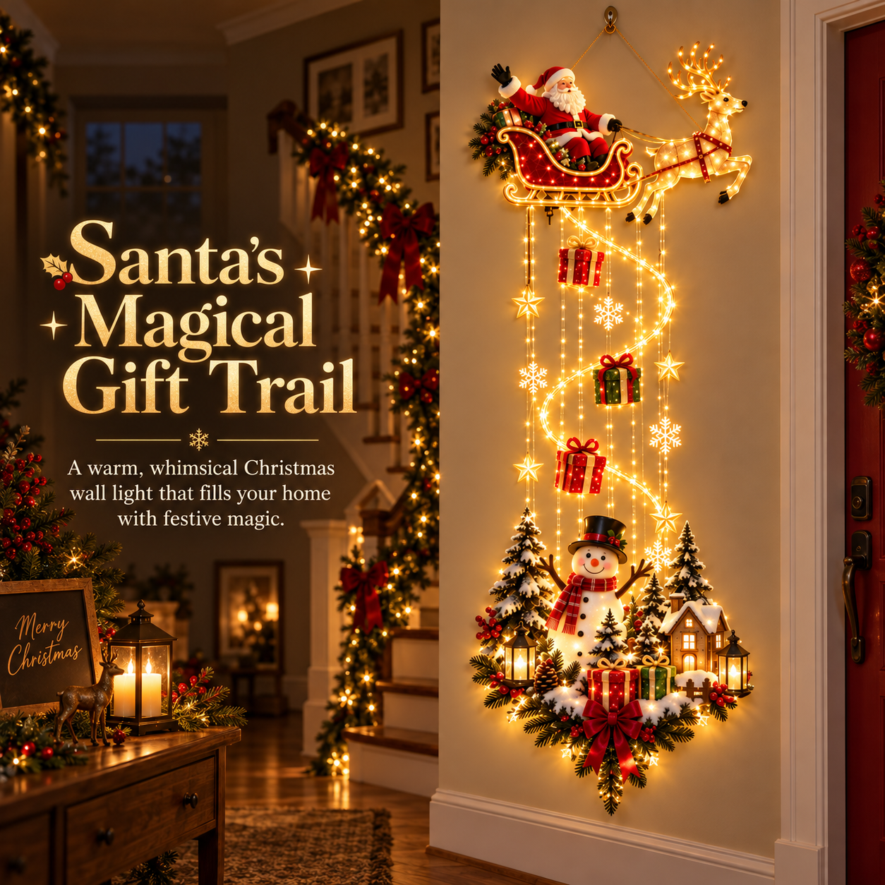 Close-up details of the illuminated Christmas wall decoration on the porch
