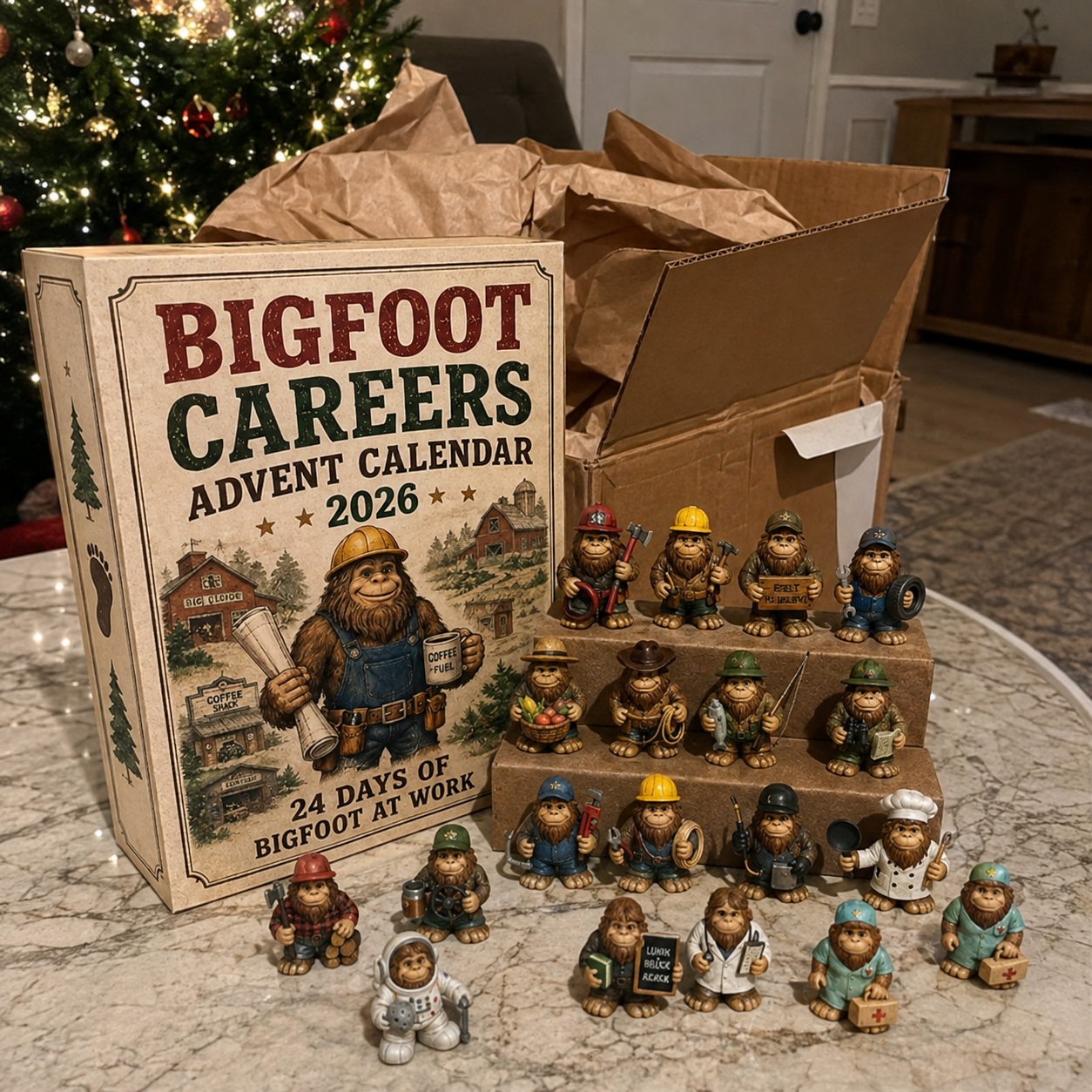 Bigfoot Advent Calendar unboxing with hands and shipping box
