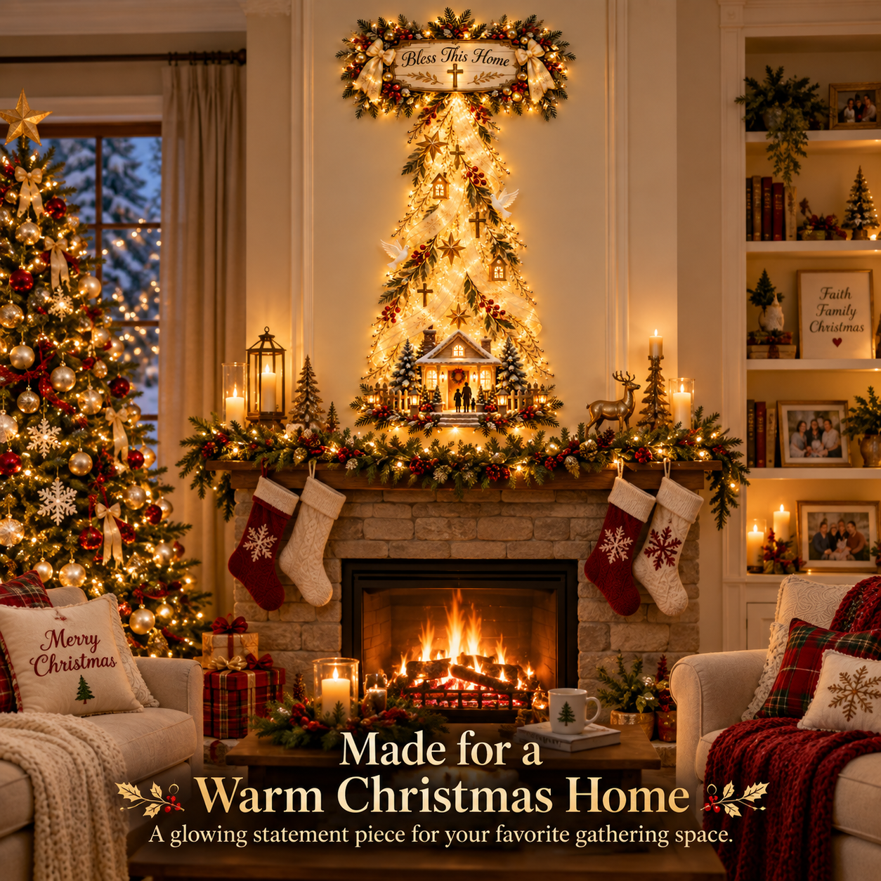Bless This Home Christian Christmas decor above fireplace