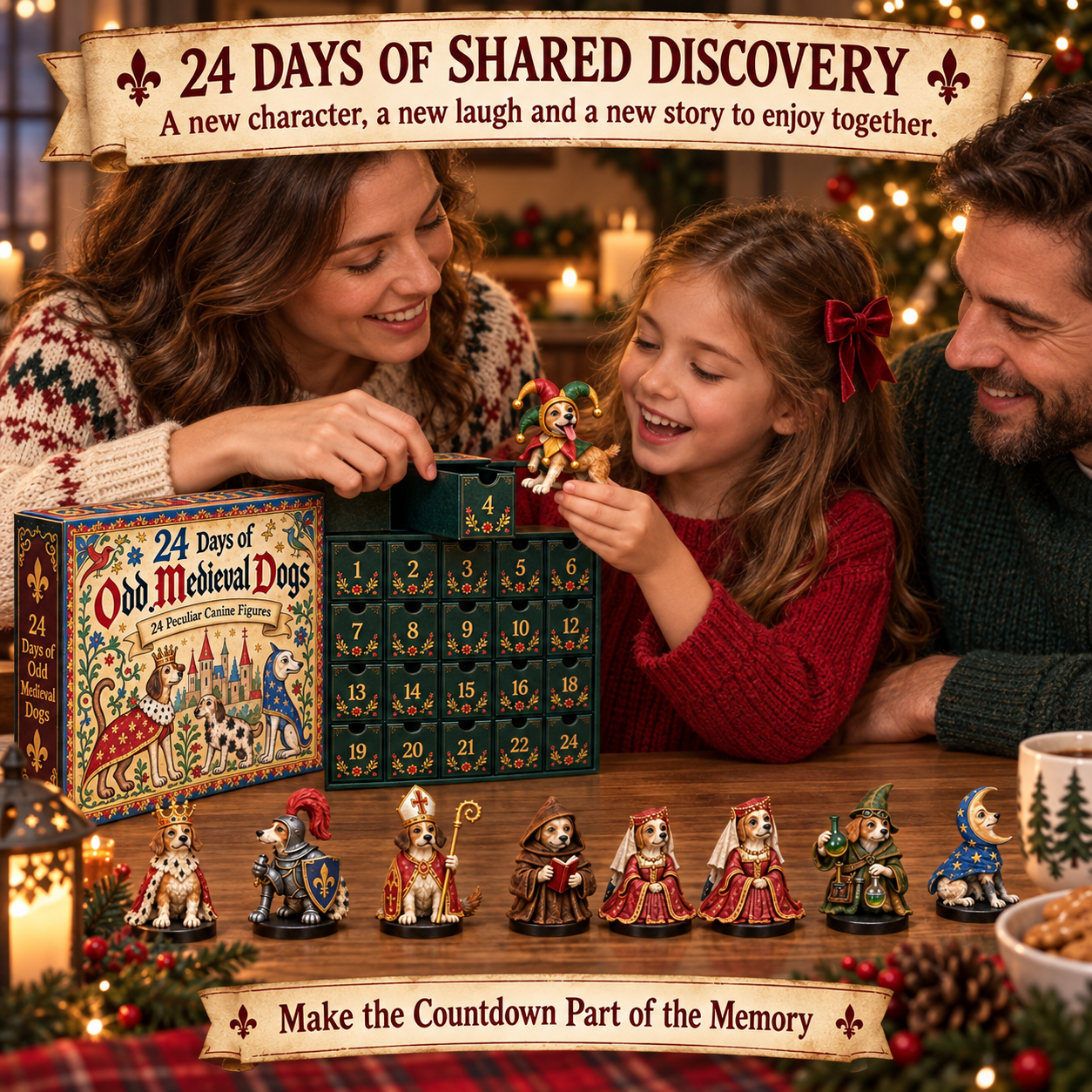 Family enjoying medieval dog Christmas countdown